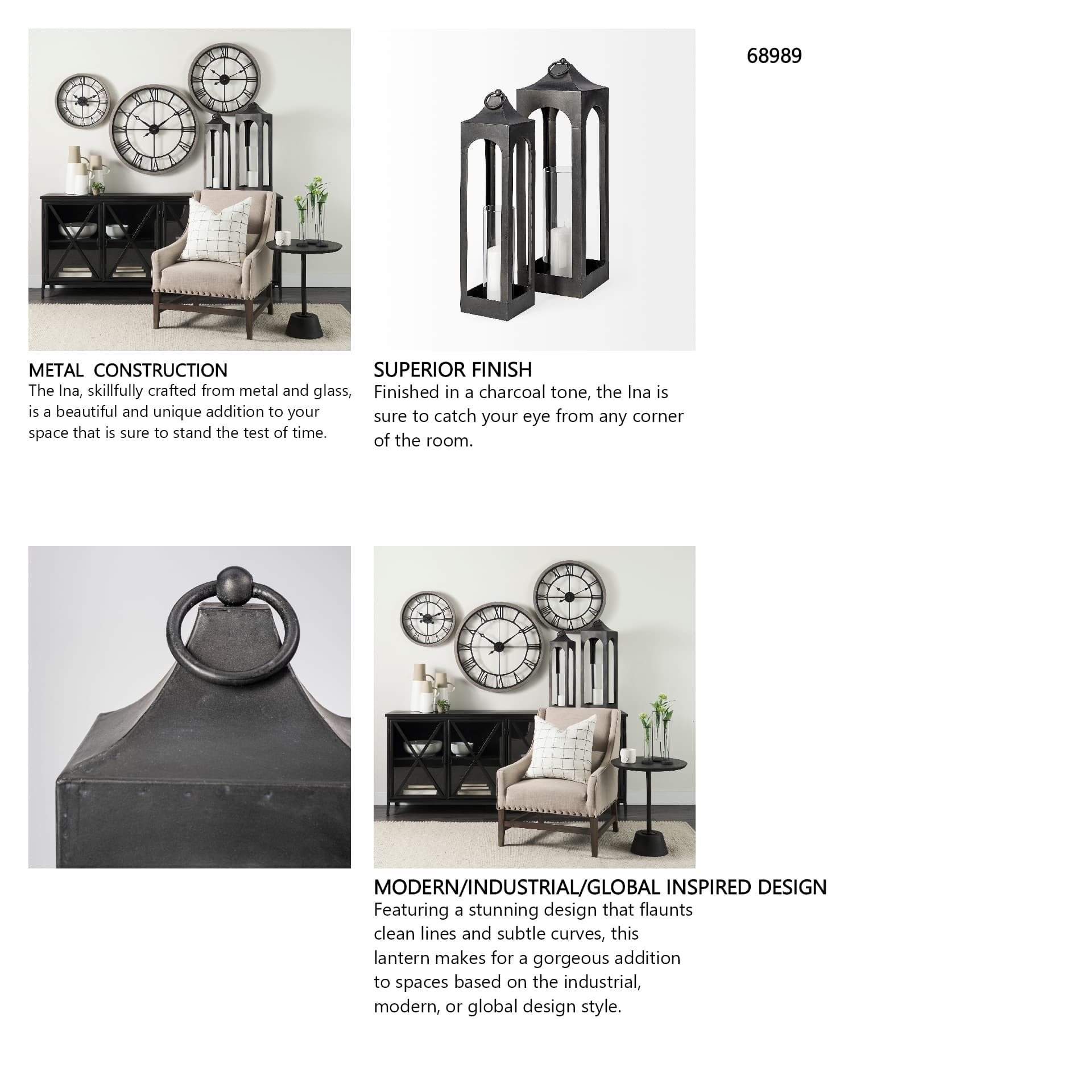Ina Short Charcoal Metal Candle Holder Lantern — in a styled room