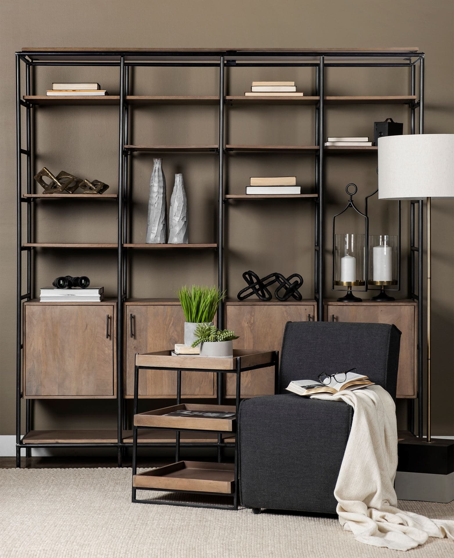 Trey III 20" x 26" Square Medium Brown Wooden Three-Tiered Black Iron Frame End/Side Table — in a styled room