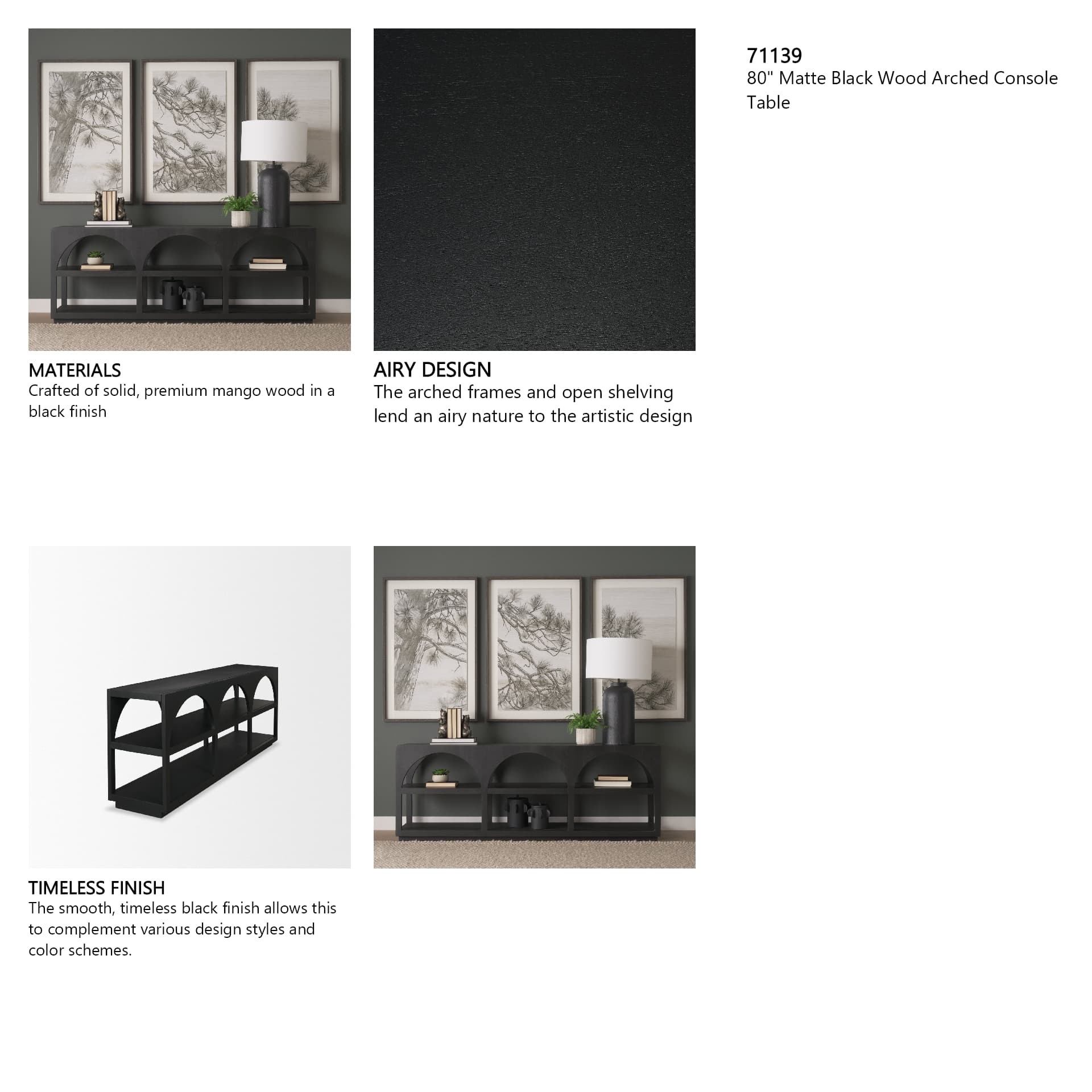 Bela 80" Matte Black Wood Arched Console Table — in a styled room