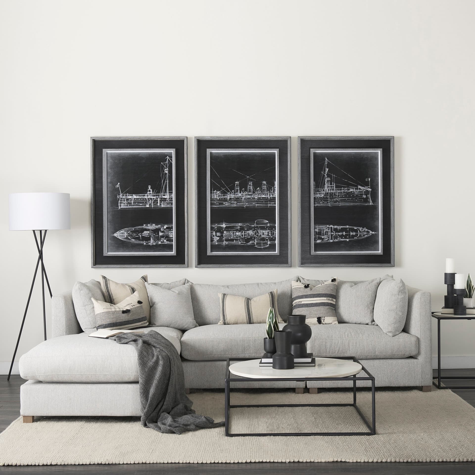 Austen 36L x 36W x 14.5H Round White Marble Top W/ Black Metal Frame Coffee Table — in a styled room
