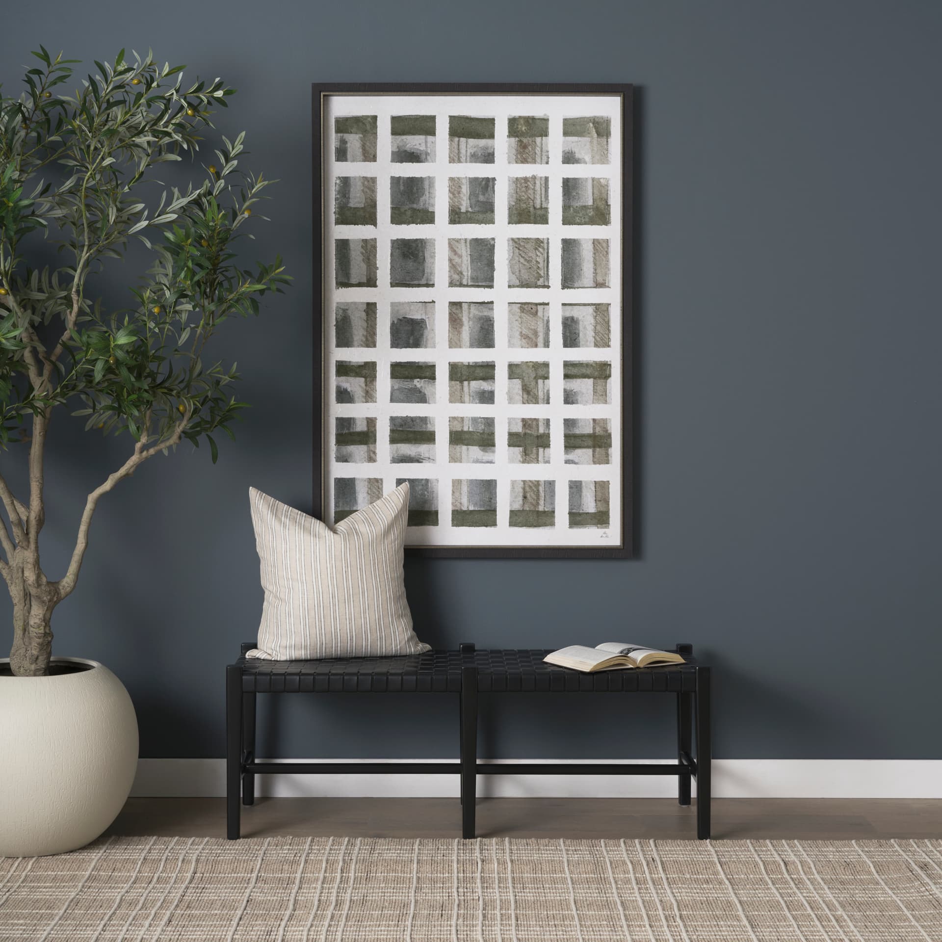 Jaxon 22x22 Beige/Black Striped Cotton-Linen Square Pillow Cover w/Down Filler — in a styled room