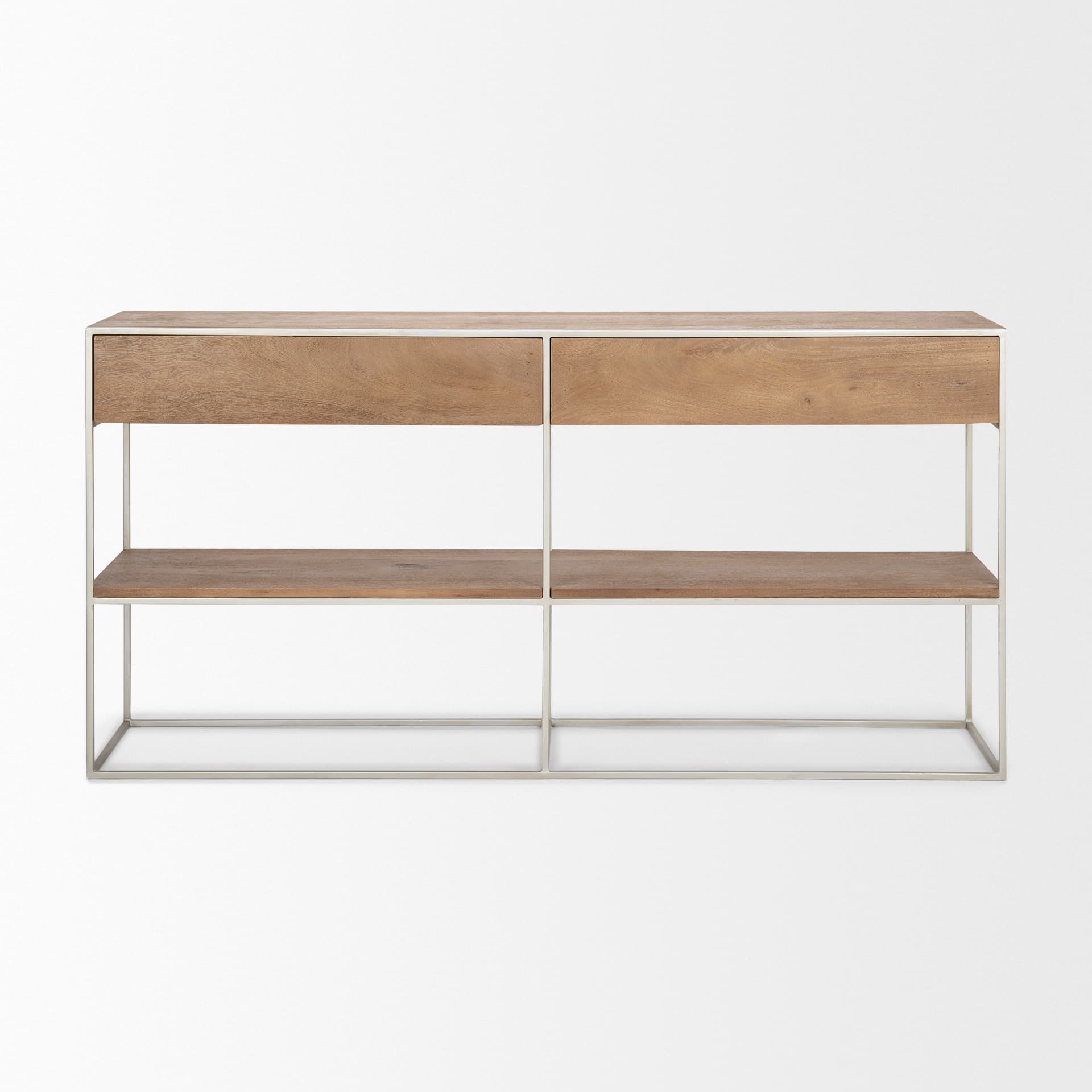 Morris I 63L x 15W x 31H Brown Wood w/ Silver Metal Frame 2 Drawer Console Table — product photograph