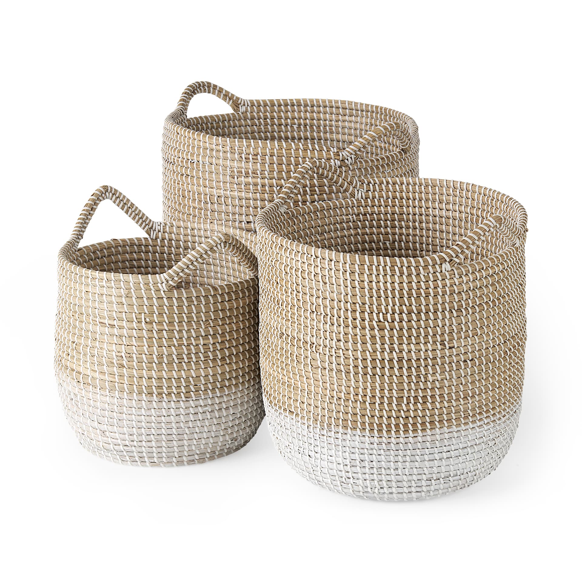 Maddie (Set of 3) Light Brown W/White Dipped Seagrass Round Basket W/ Handles — product photograph