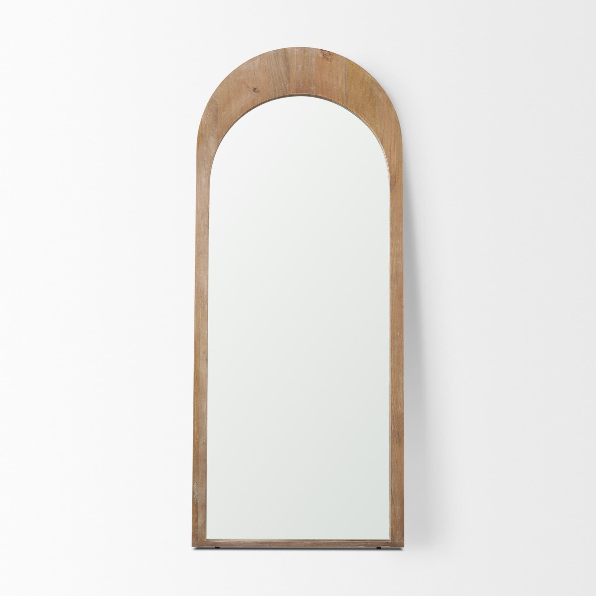 Celeste Light Brown Wood Arched Floor Mirror — product photograph