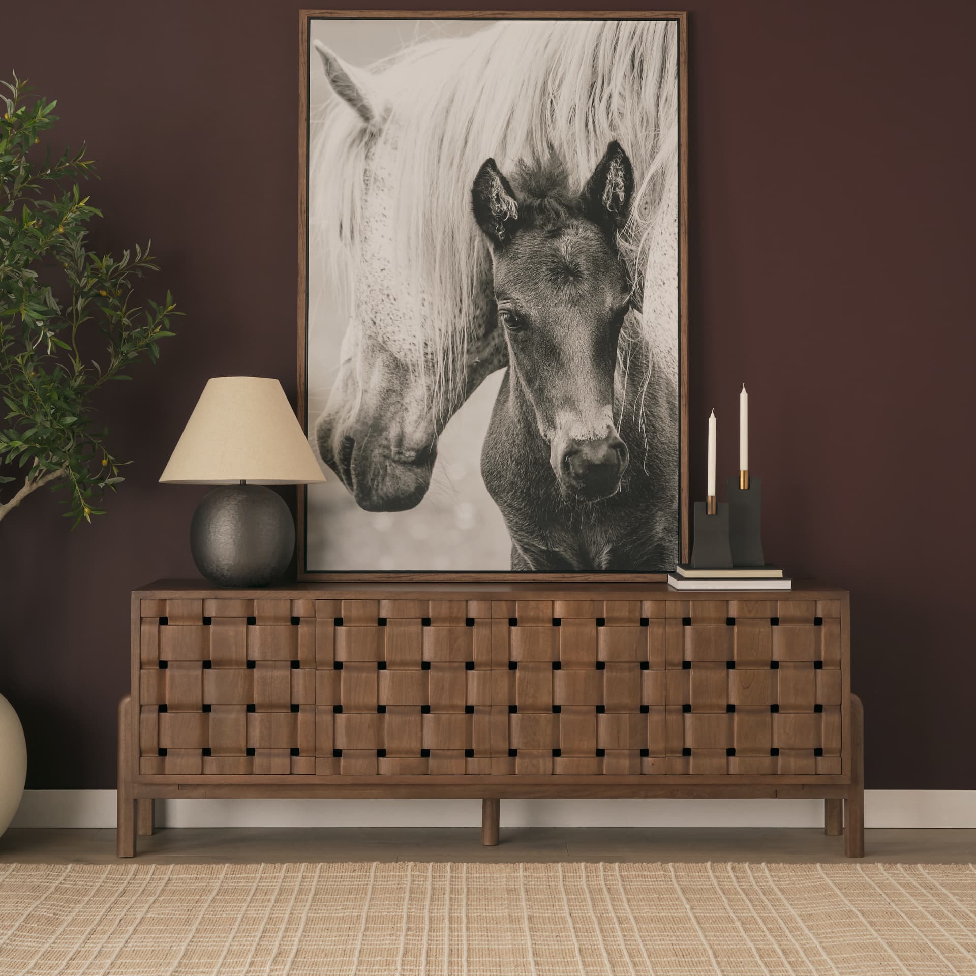 Trellyn Dark Brown Solid Wood 4-Door w/ Carved Woven Doors Closed Sideboard — in a styled room