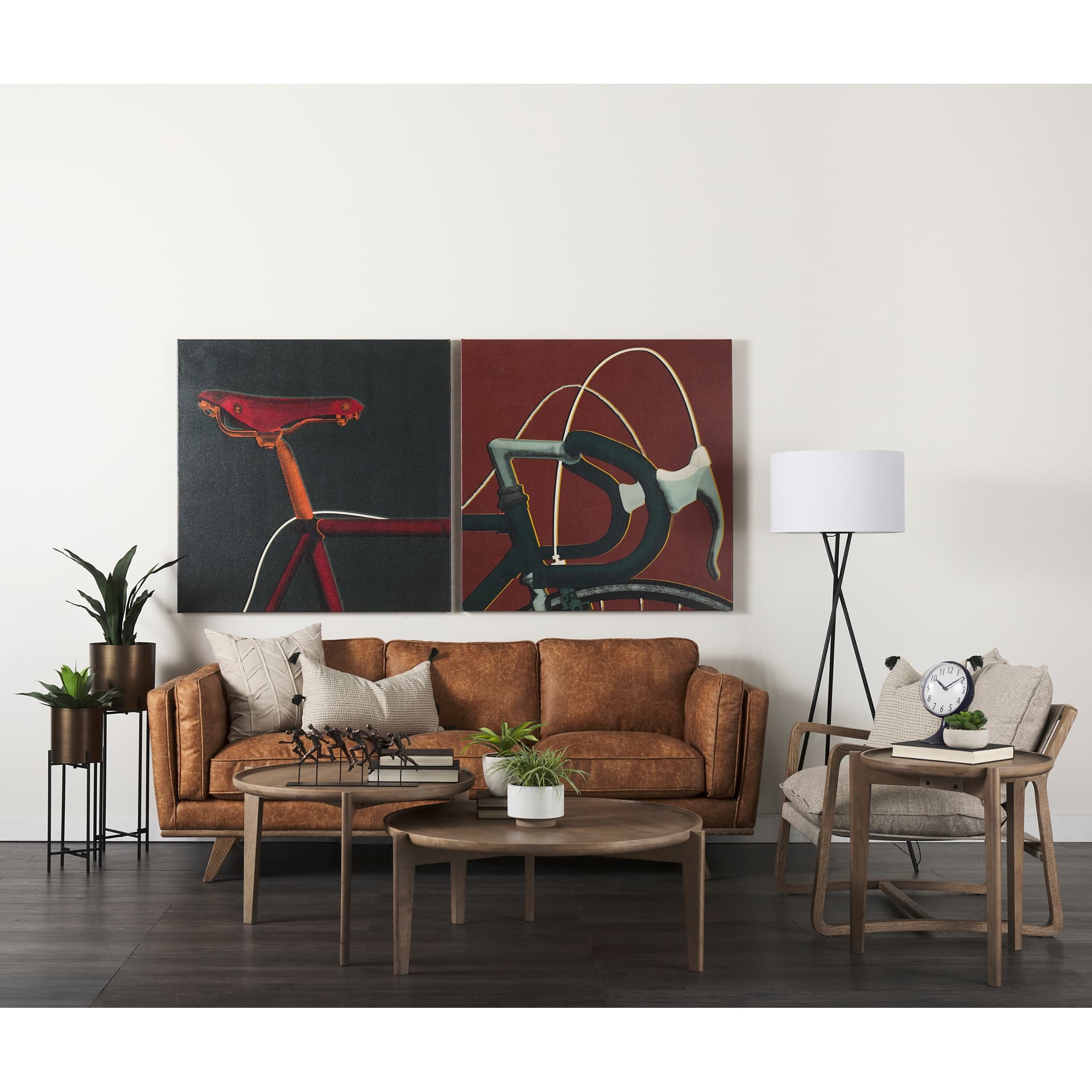 Brooks 90.2L x 34.8W x 33.5H Cognac Brown Faux Leather Three Seater Sofa W/ Medium Brown Wooden Legs — product photograph