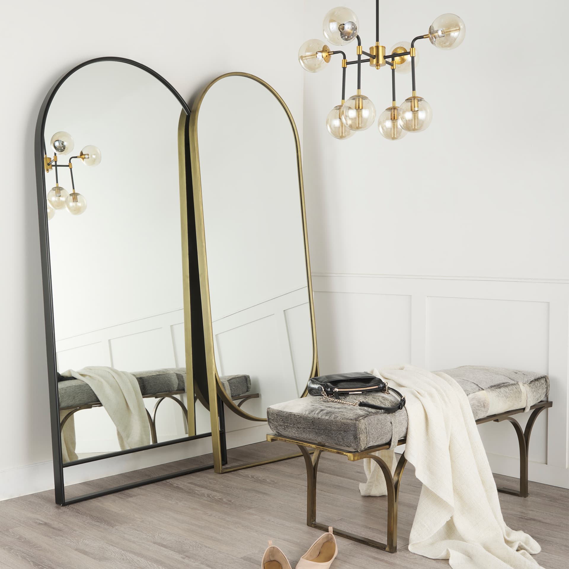 Jessie 55L x 16W White/Gray Hair-On-Hide Seat W/Gold Metal Base Accent Bench — product photograph