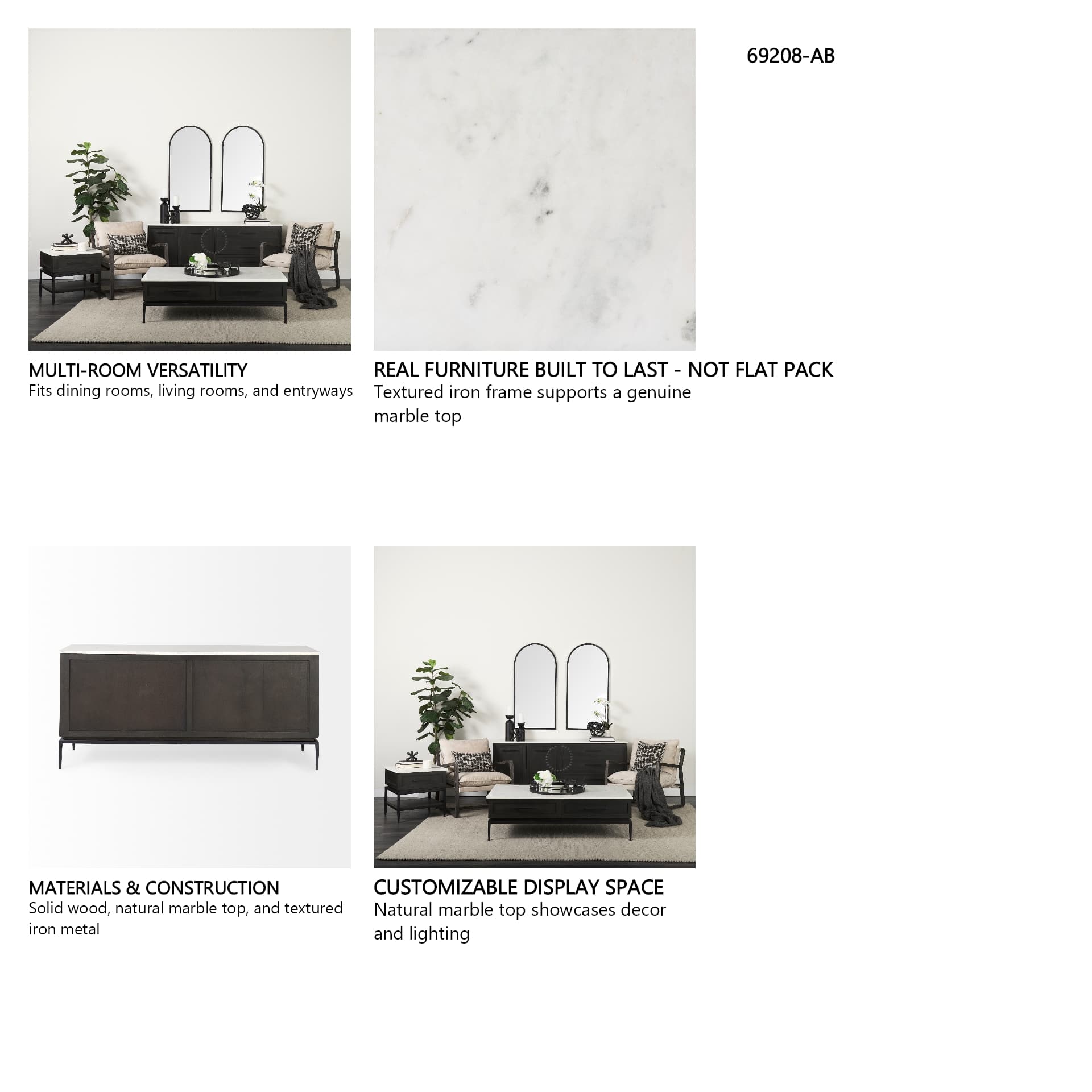 Divina Black-Brown Wood w/ White Marble Top and Black Metal Base Sideboard — in a styled room