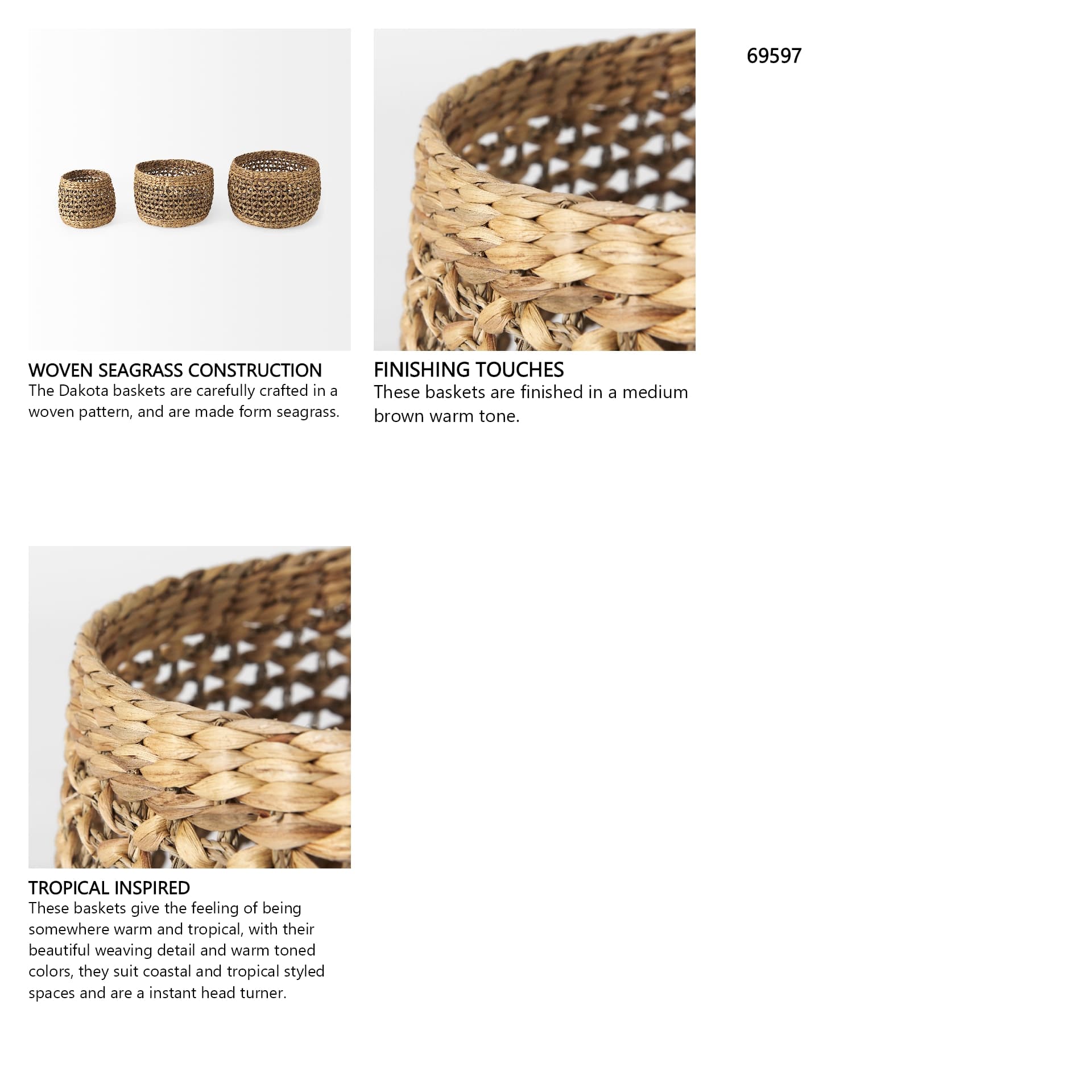 Dakota (Set of 3) Medium Brown Seagrass Round Basket — in a styled room