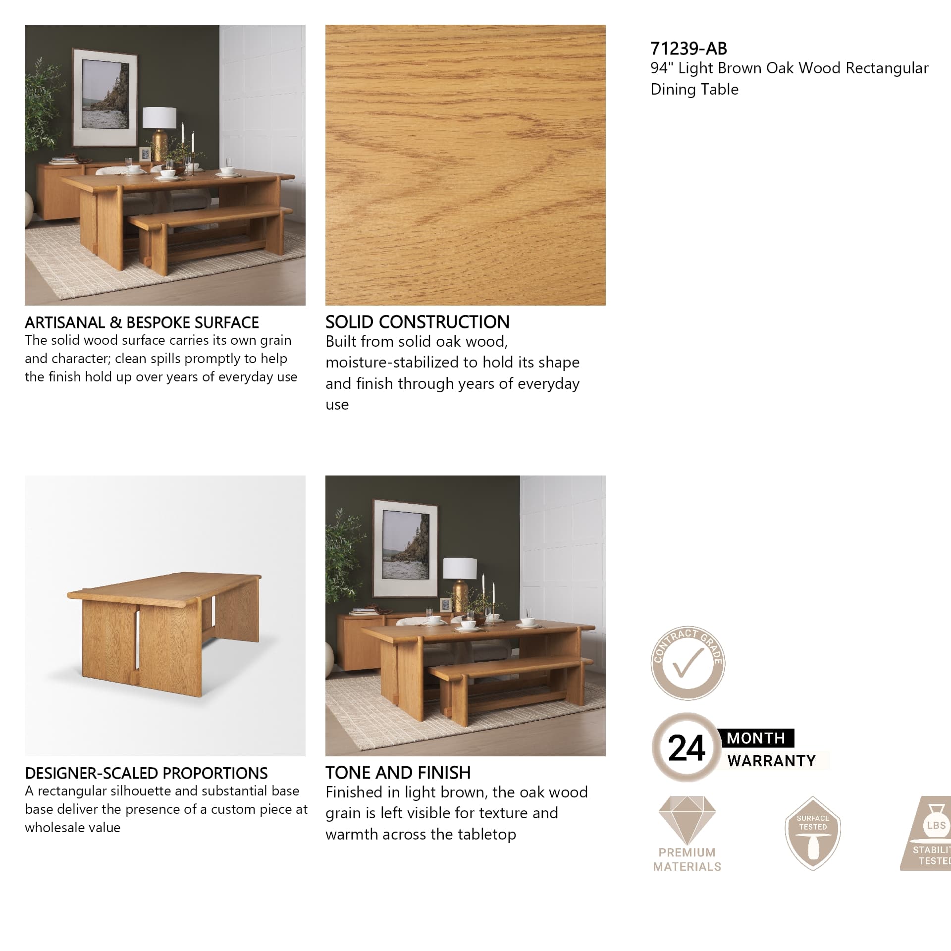 Rowan 94"L x 44"W Rectangular Dining Table | Modern | Light Brown Oak Wood | Seats 8 — product photograph