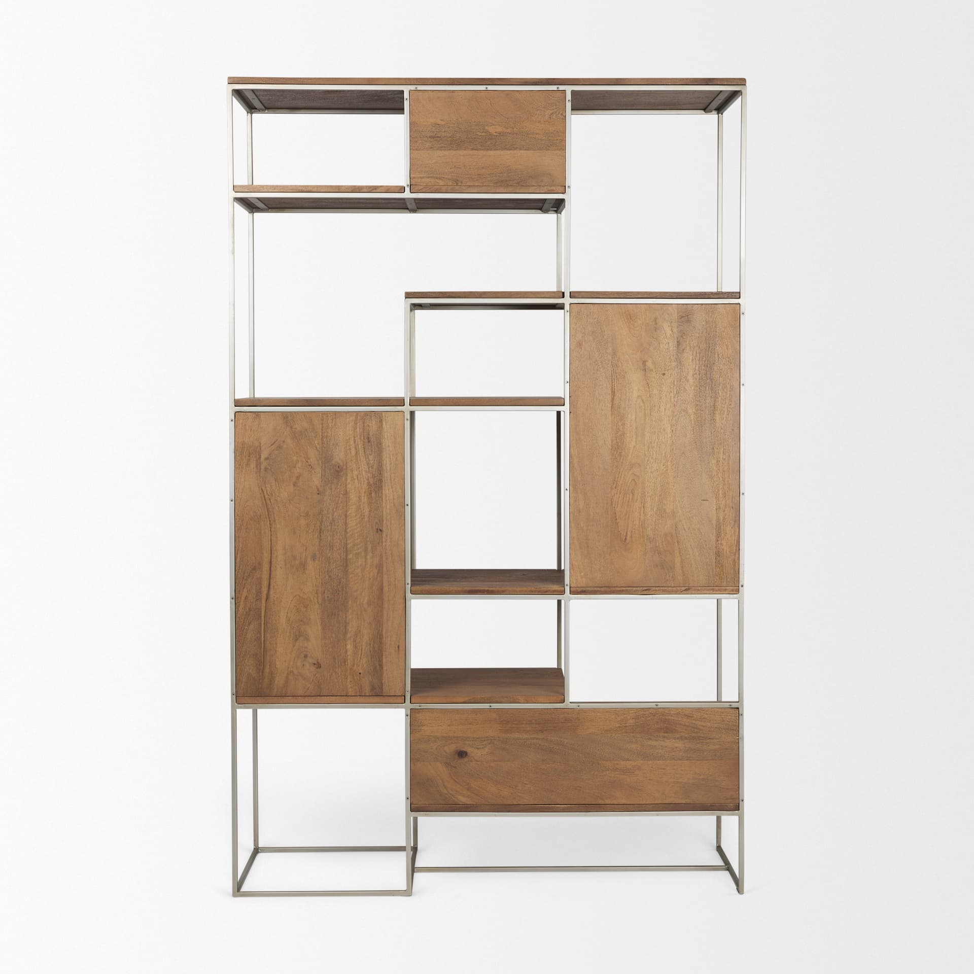 Morris III 47.25 X 15 X 75.5 Brown Wood and Silver Metal Frame 6 Shelf Shelving Unit — product photograph