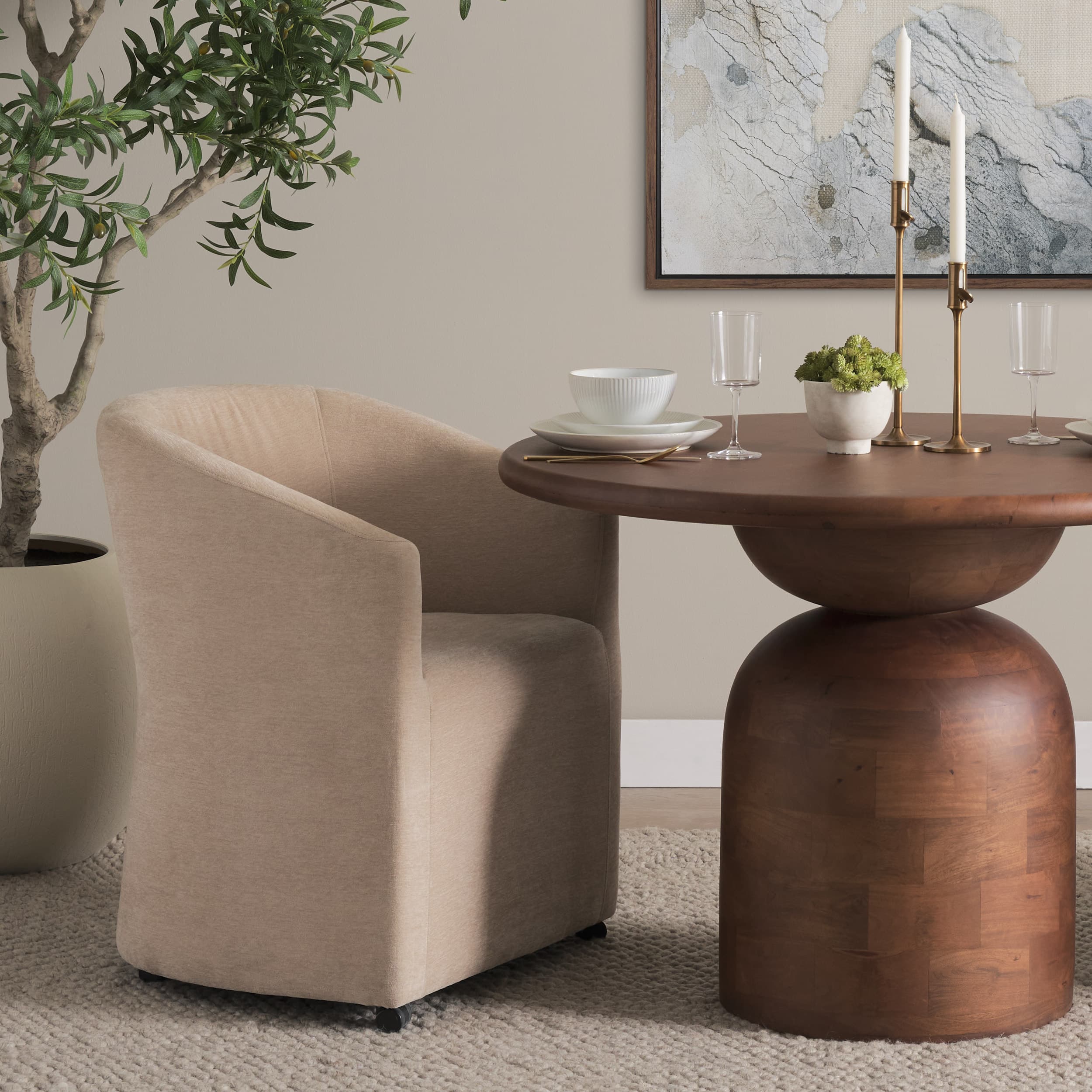 Sondra Barrel Back Dining Arm Chair | Beige Fabric w/ Wood — product photograph