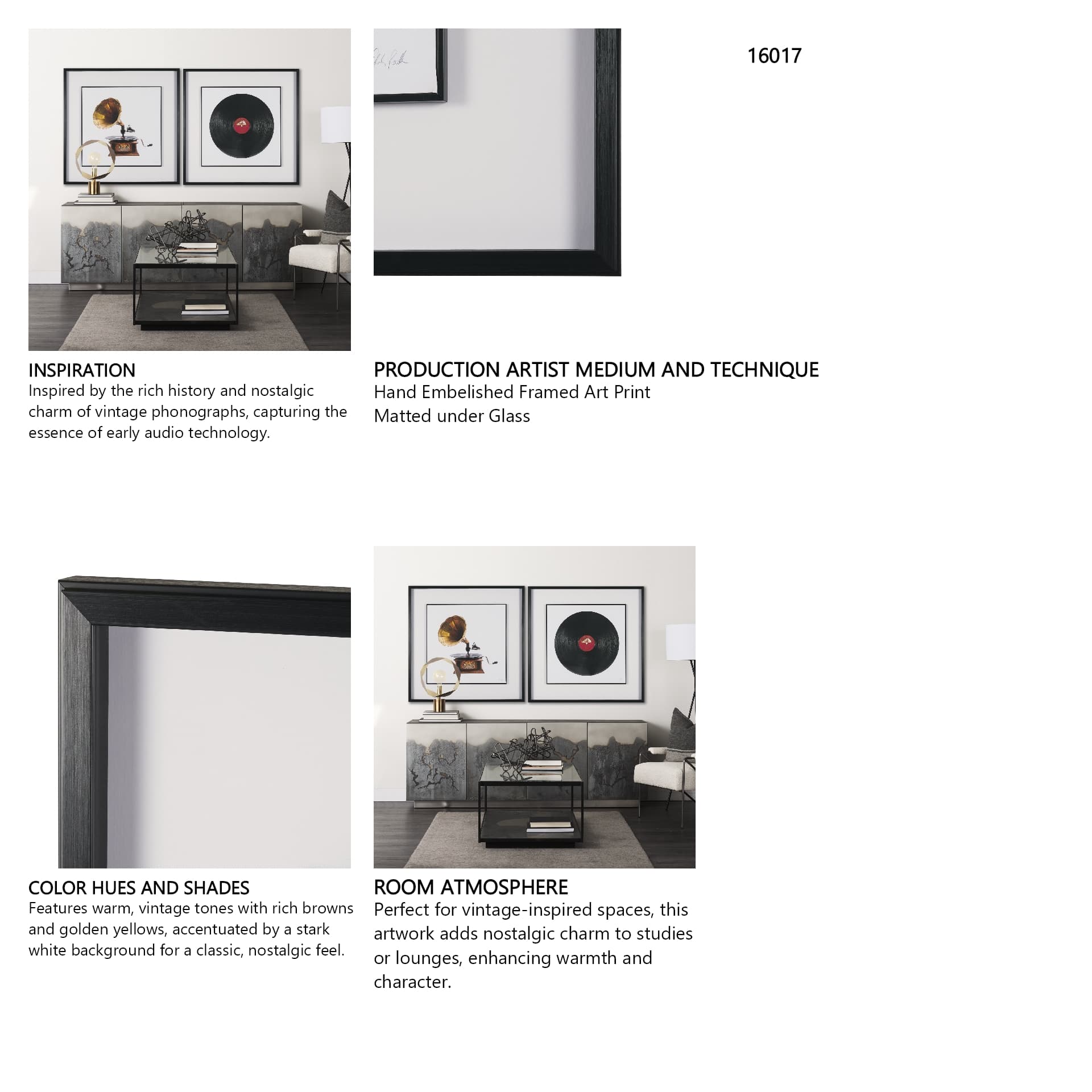 Gramaphone by Deborah Revell Hand Embelished Framed Art Print Matted under Glass — in a styled room