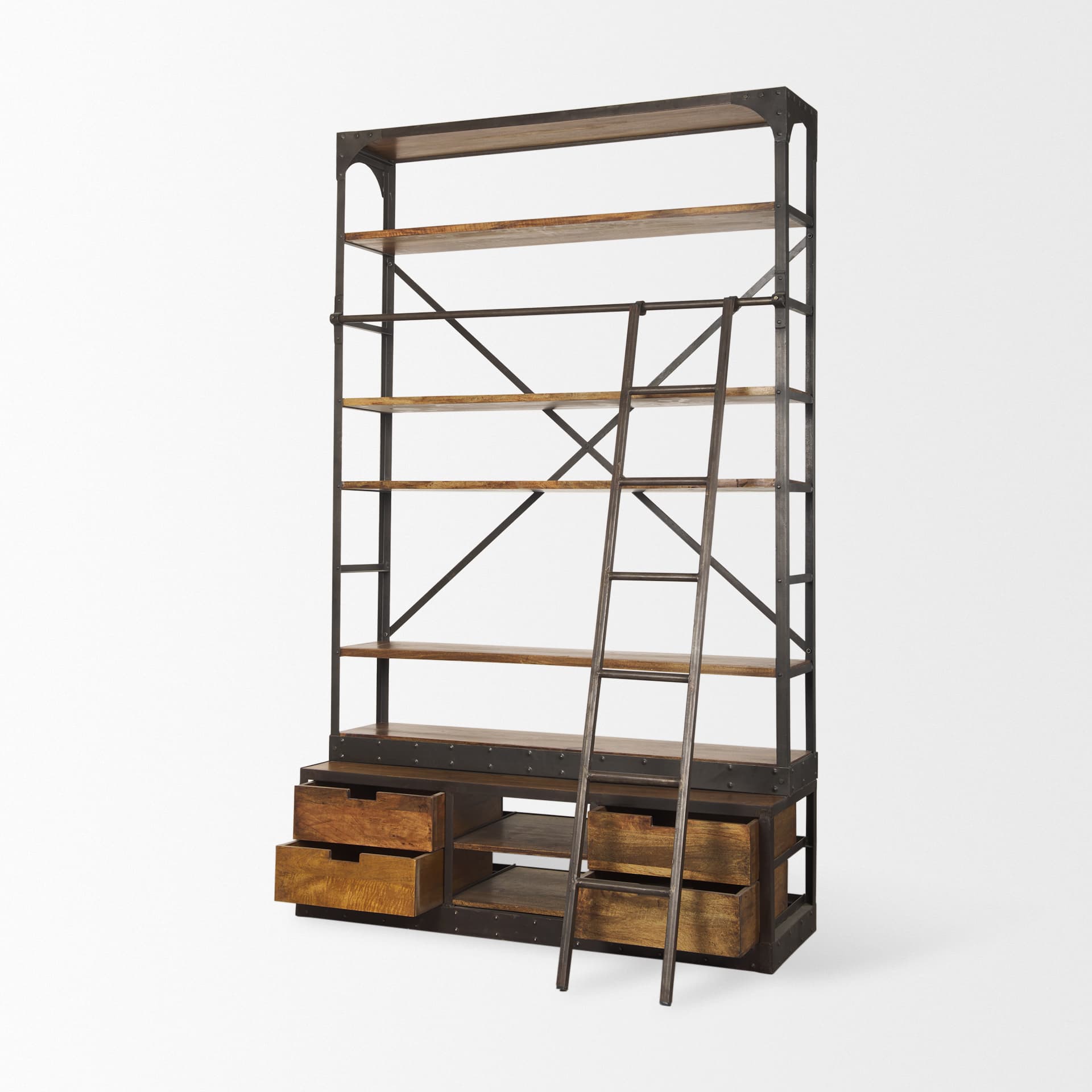 Brodie II Medium Brown Wood Black Ladder Four Shelf Shelving Unit 57L x 20.5W x94H — product photograph