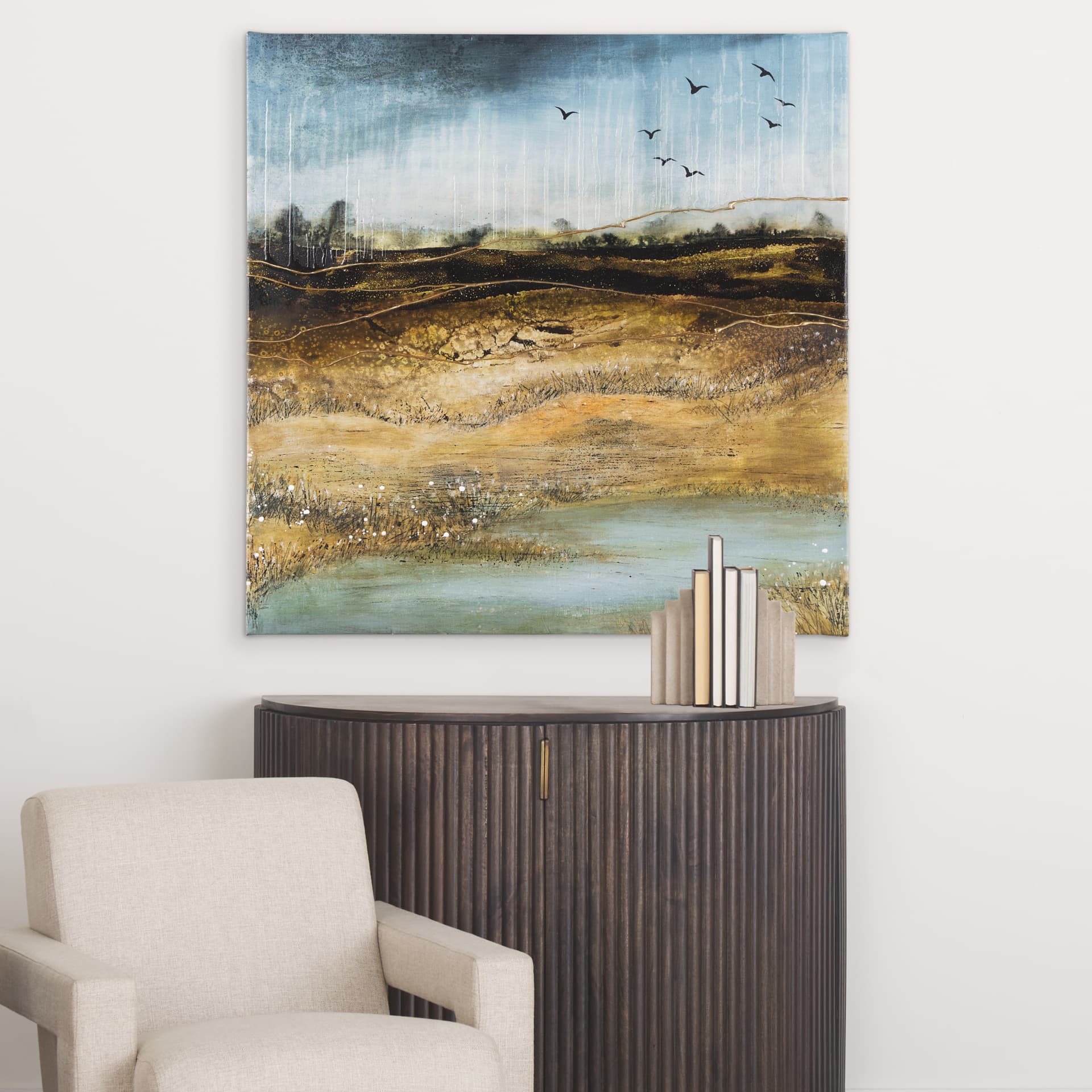 Daily Fly Over by Julie Devine a Canvas Print — in a styled room