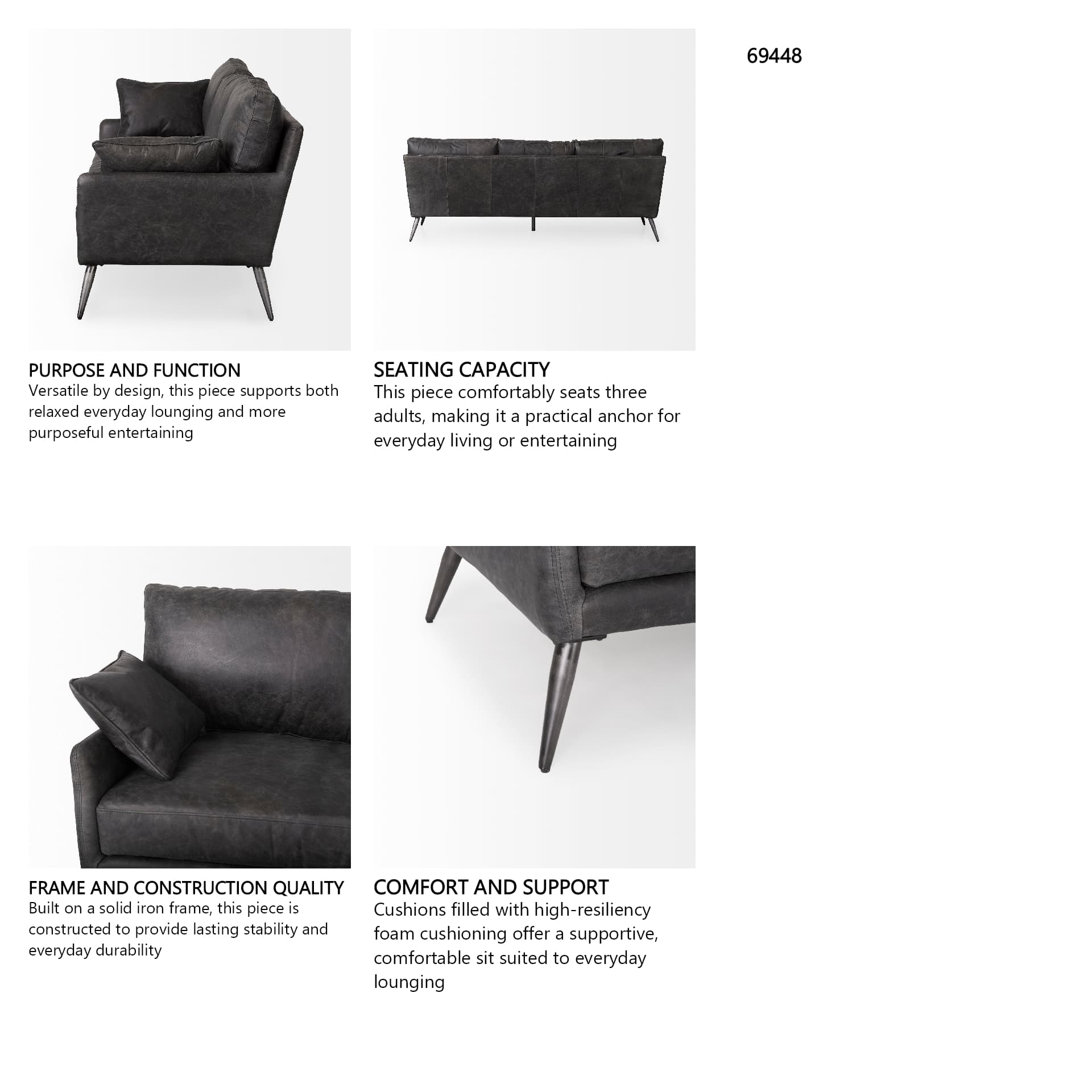 Cochrane 82L x 33W x 32.3 Black Leather Three Seater Sofa — in a styled room