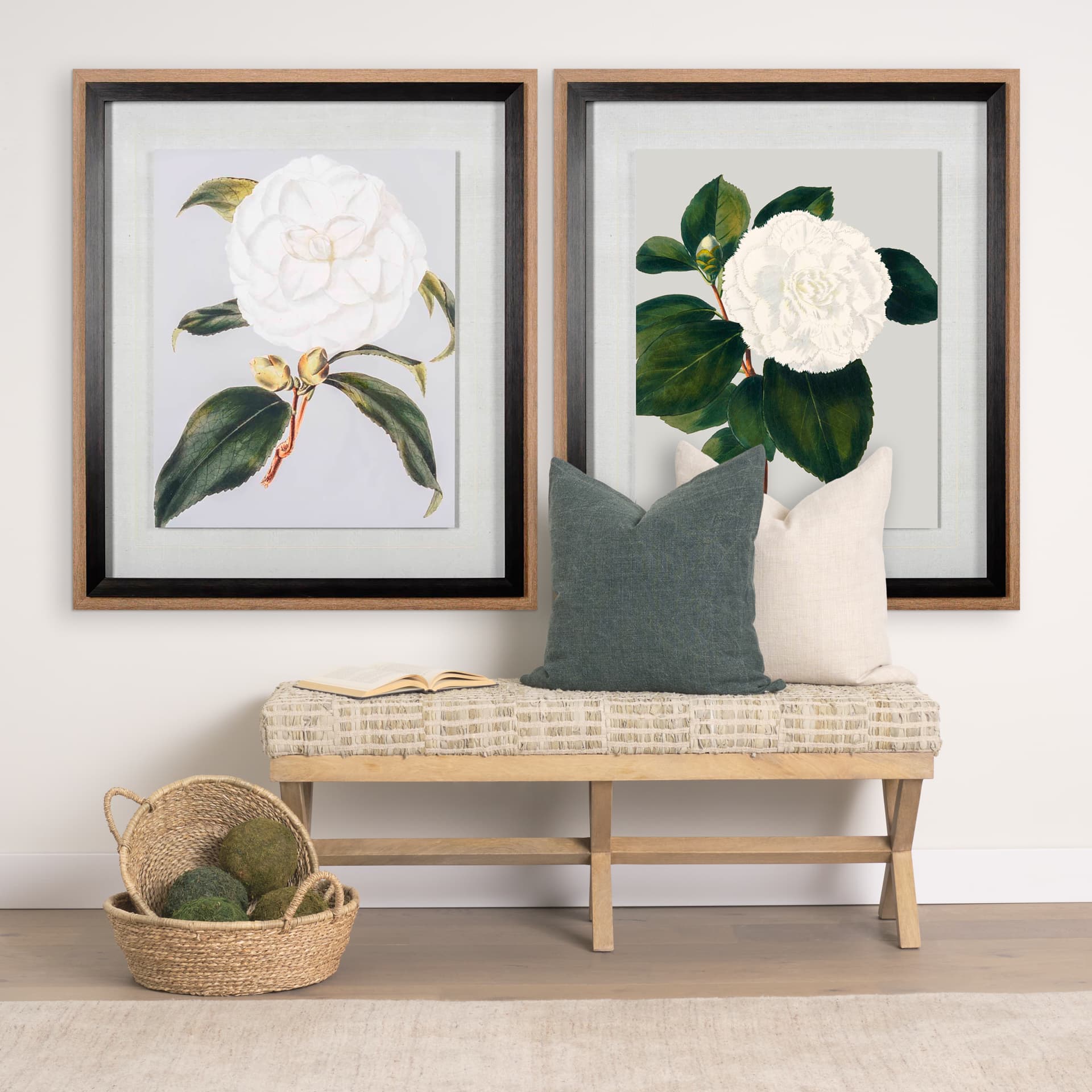Camellia Japonica II by Vision Studio Hand Embellished Textured Framed Art Print Matted under Glass — in a styled room