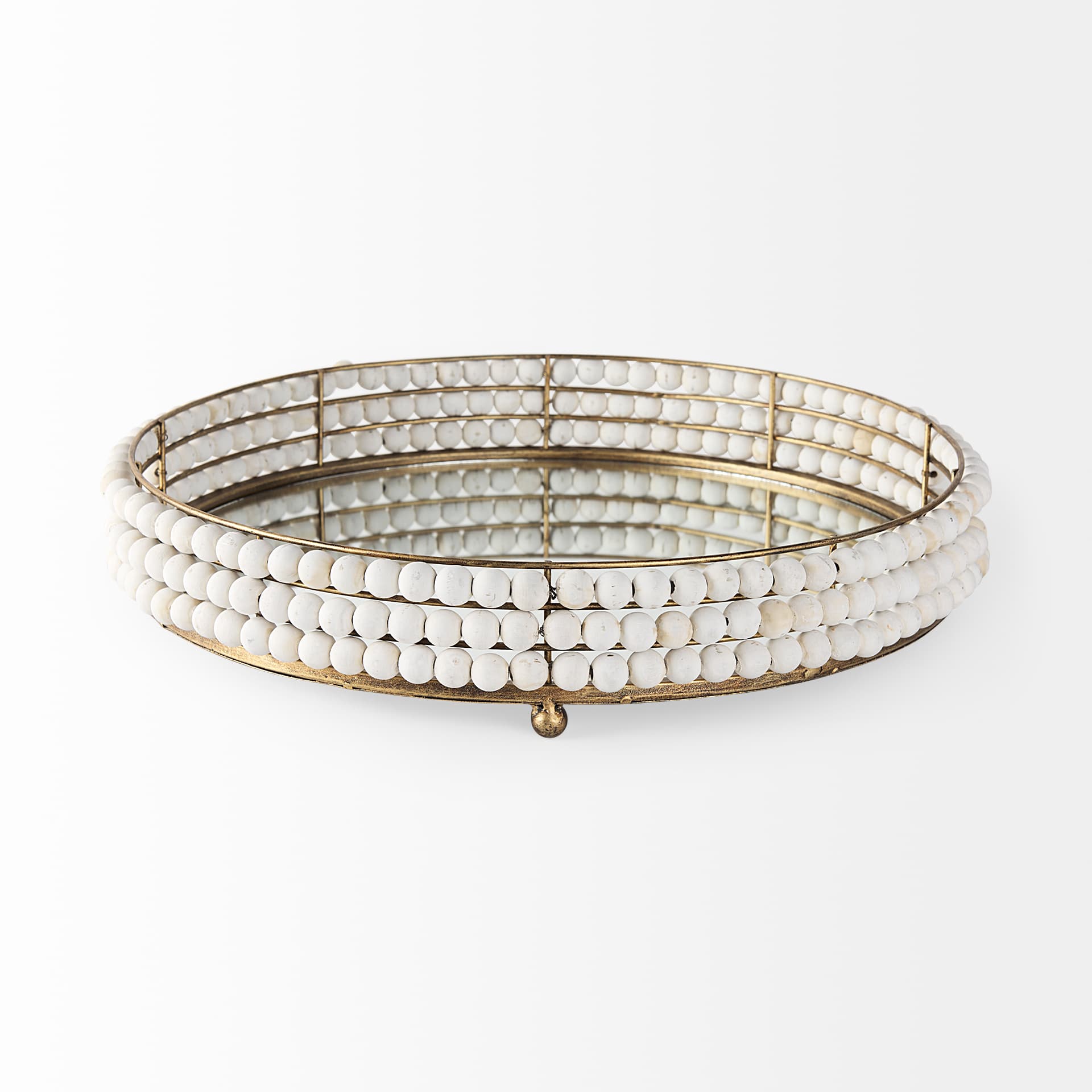 Decatur I 21L x 21W White Wooden Bead Mirrored Bottom Round Tray — product photograph