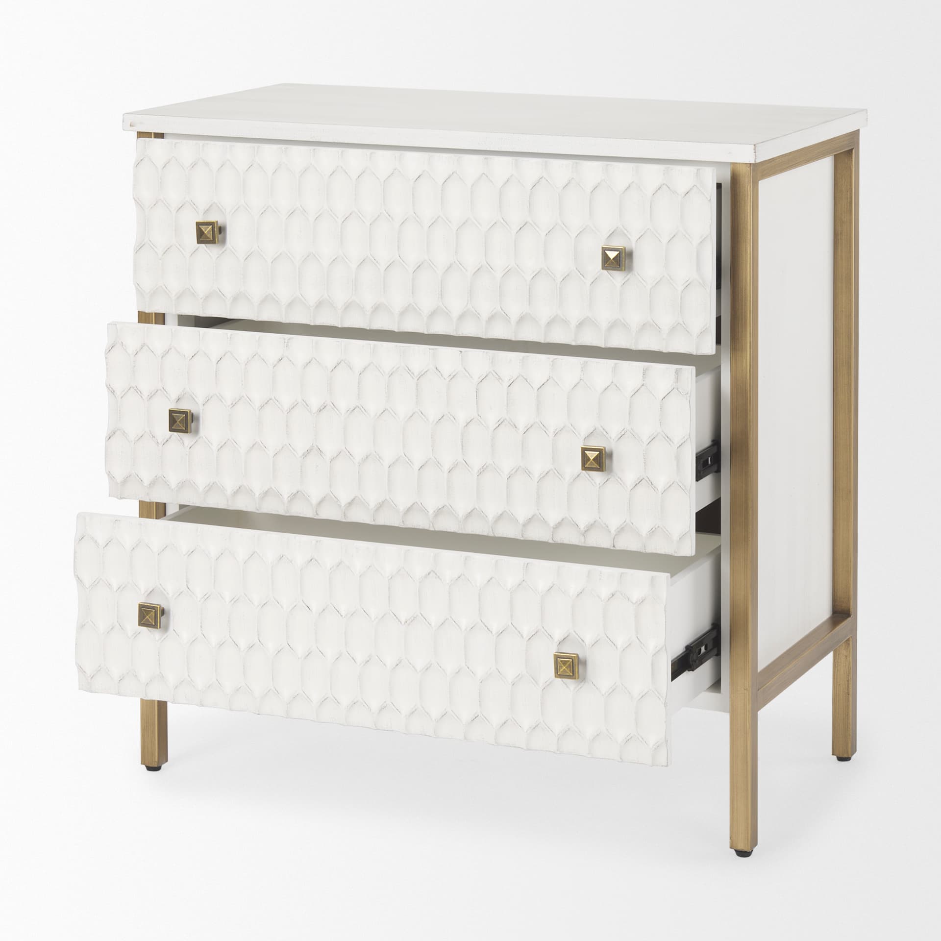 Savannah White Fir Veneer w/ Gold Metal 3-Drawer Accent Cabinet — product photograph
