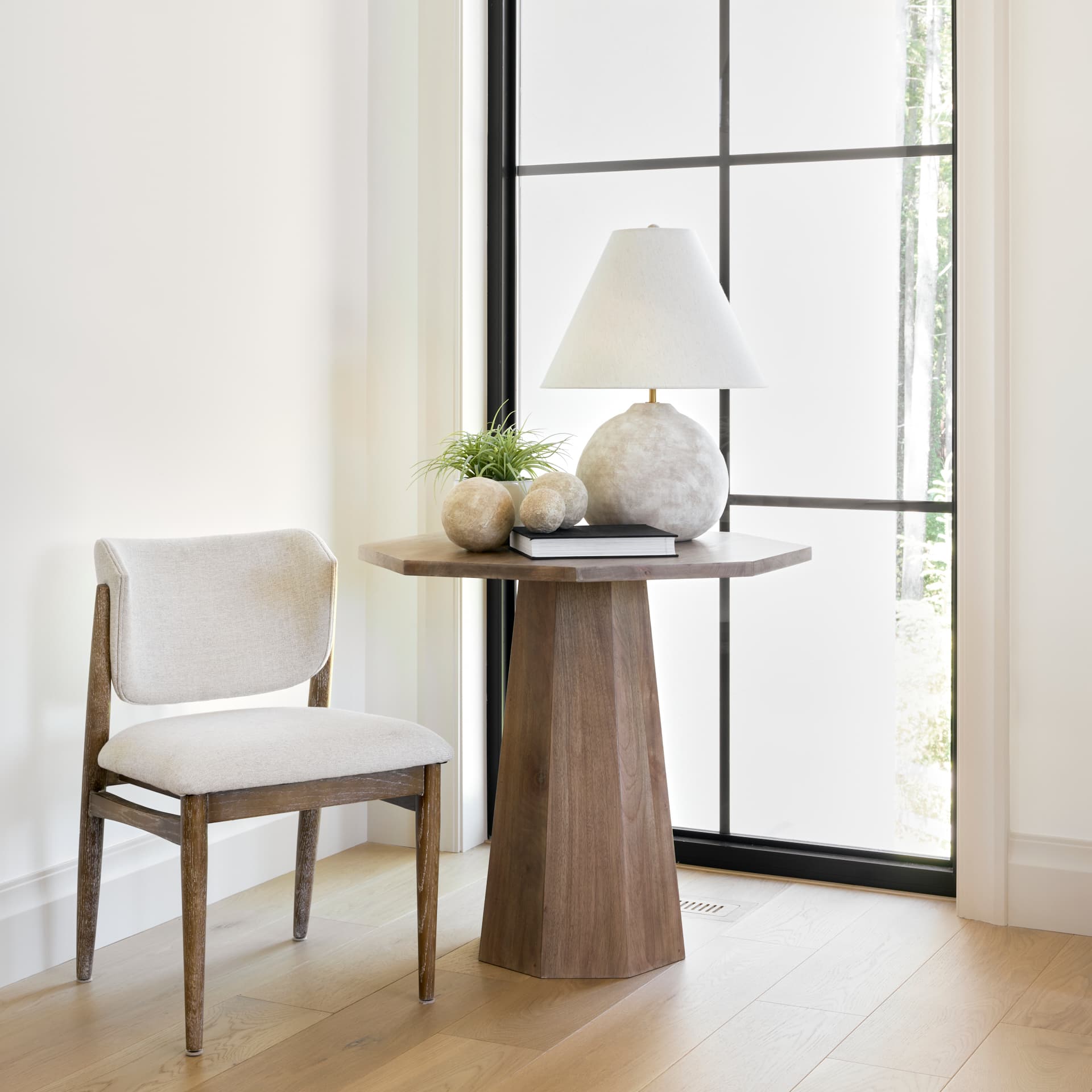 Cline Curved Back Dining Side Chair | Cream Fabric w/ Brown Wood — product photograph