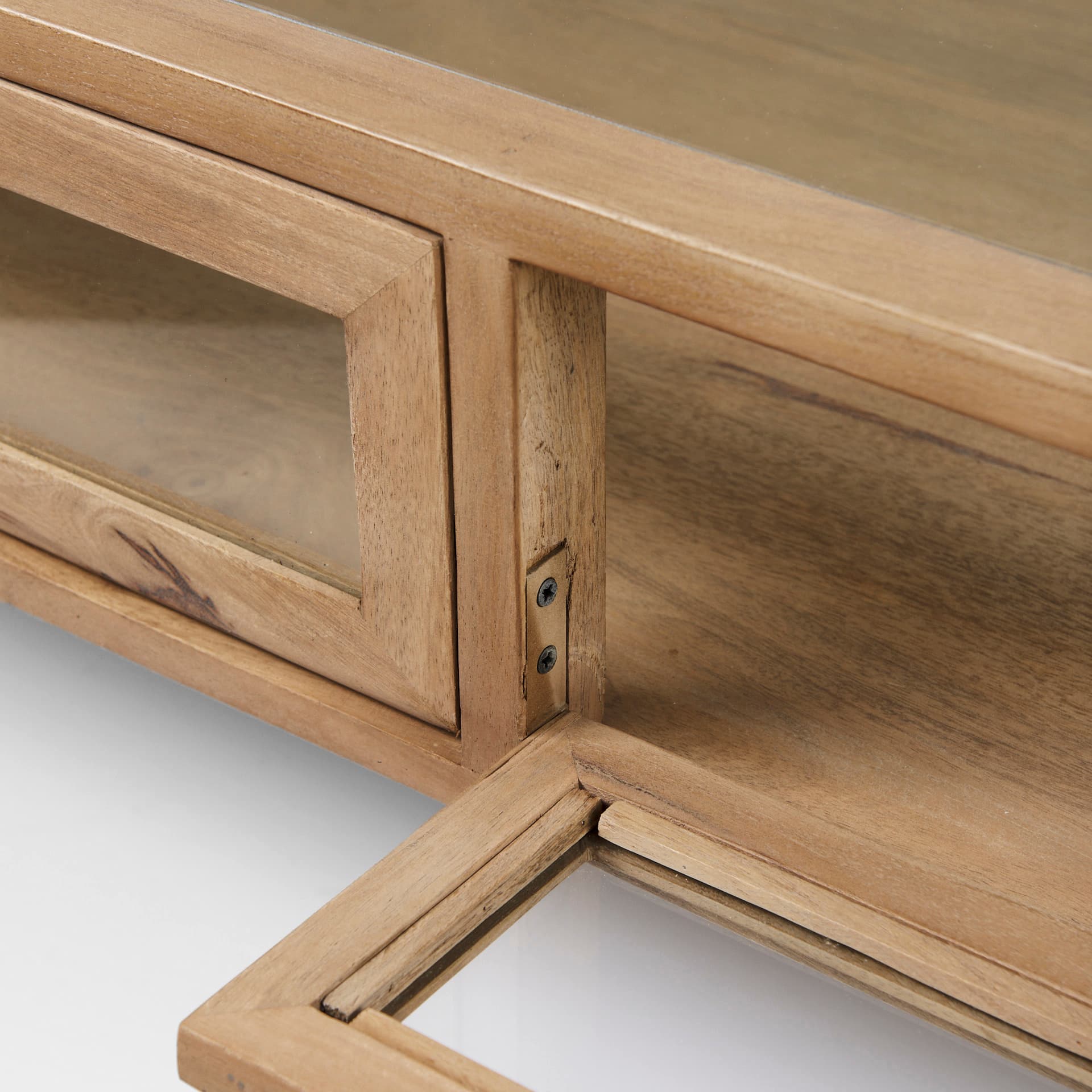 Arelius 42" Square Glass-Top Light Brown w/ Black Metal Base Display Coffee Table — product photograph