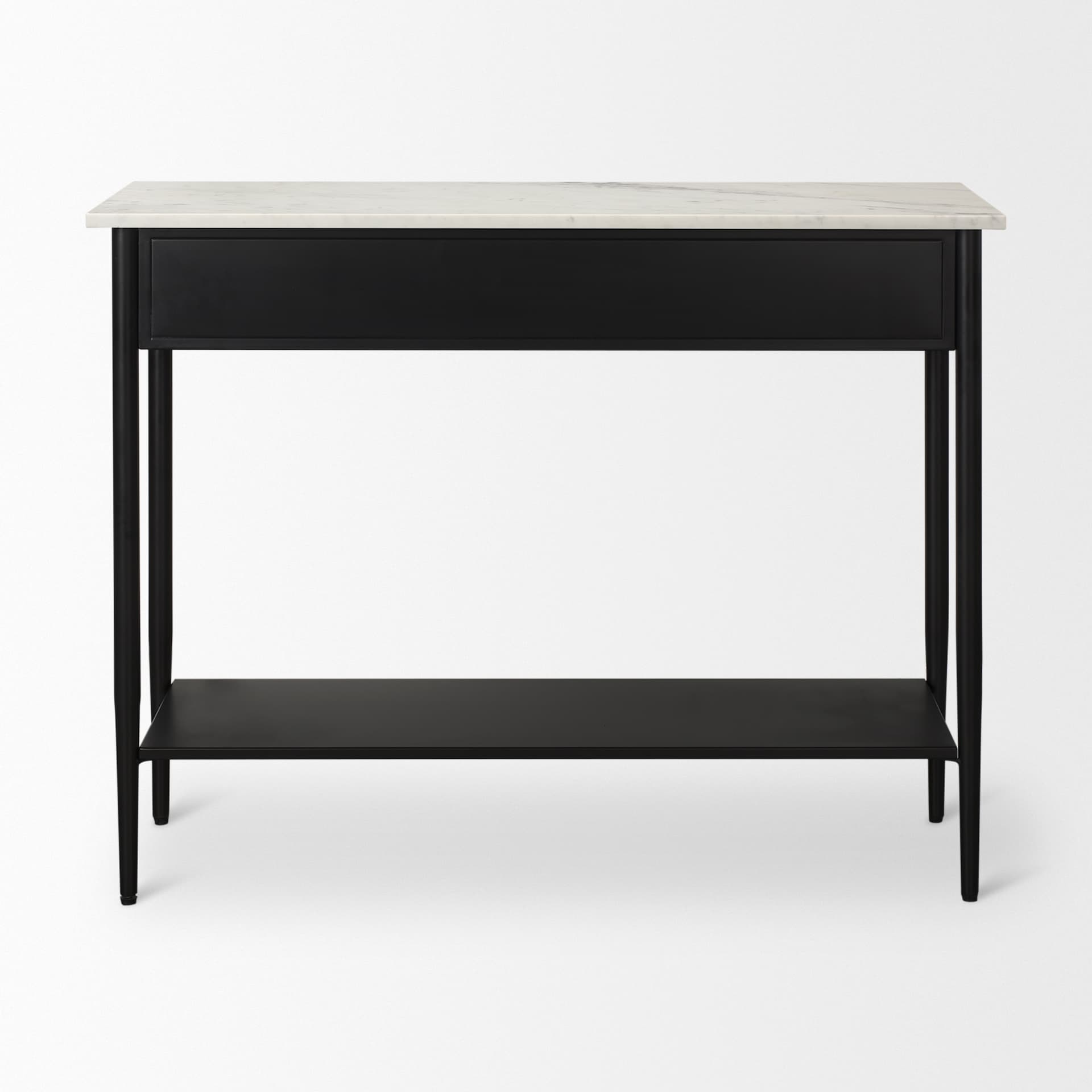 Amika White Marble Top Black Metal Base Console Table — product photograph