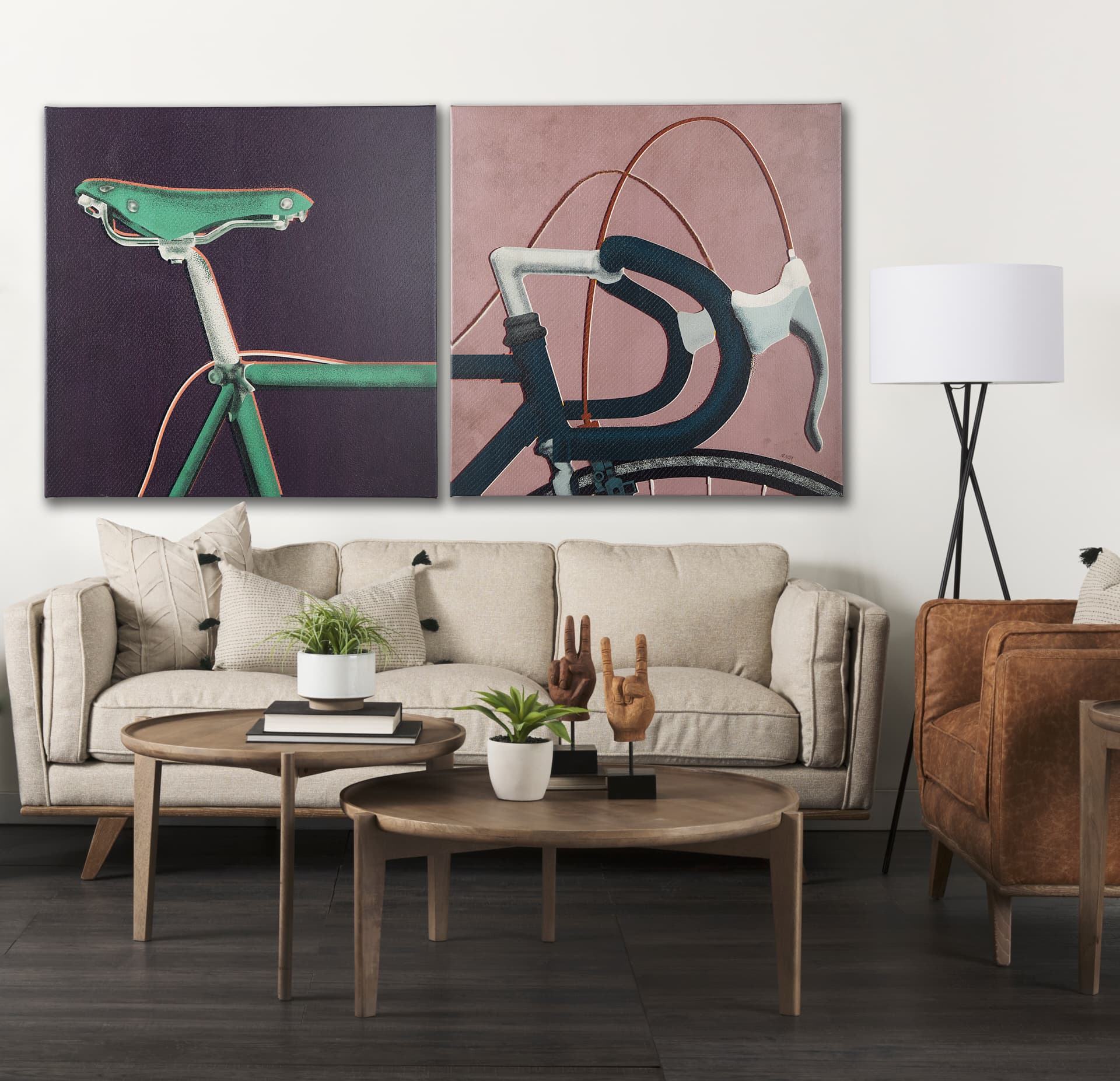 Bike Saddle Purple by Alarm a Hand Embellished Textured Canvas — in a styled room