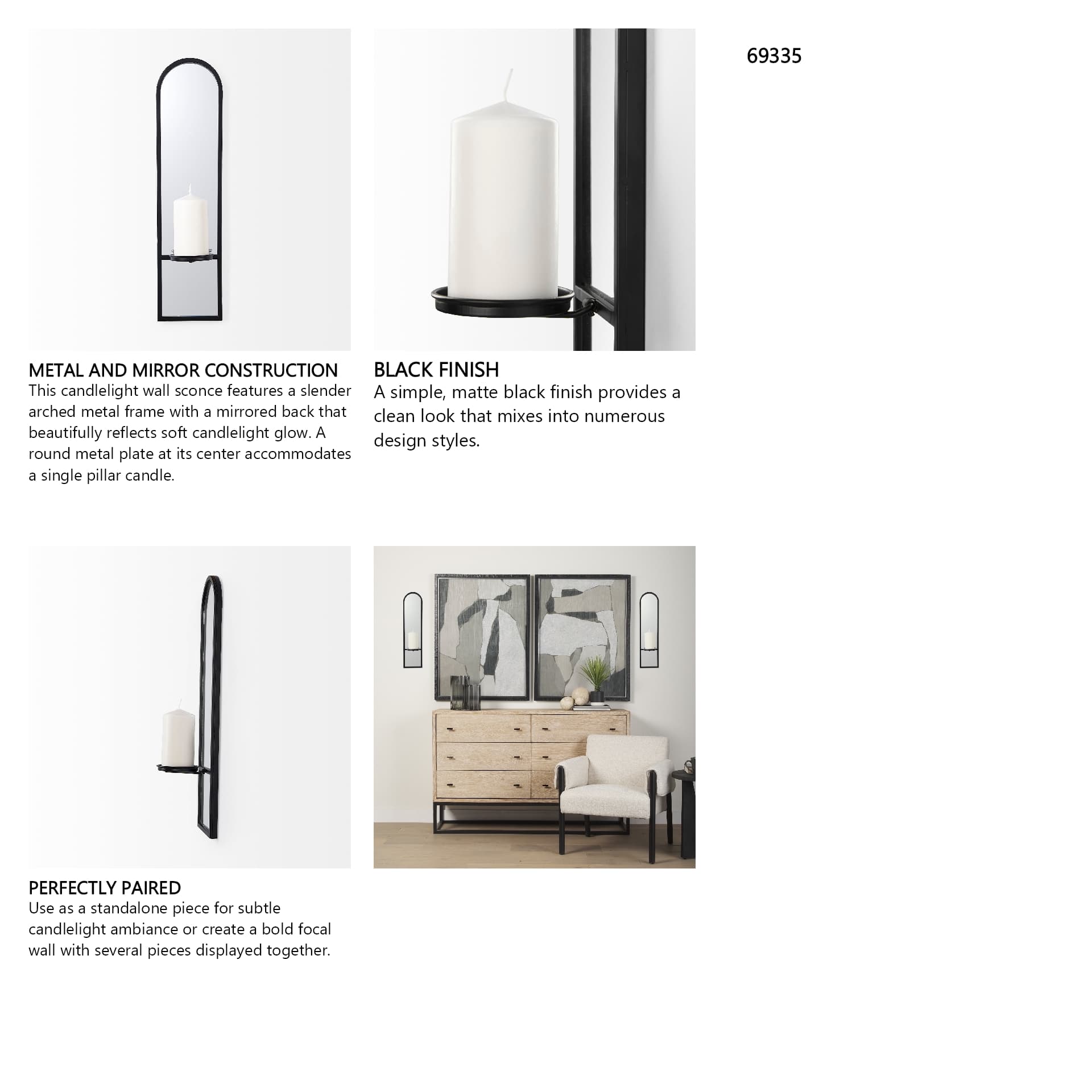 Evianna 7L x 7W x 25H Mirrored W/Black Metal Frame Wall Candle Holder — in a styled room