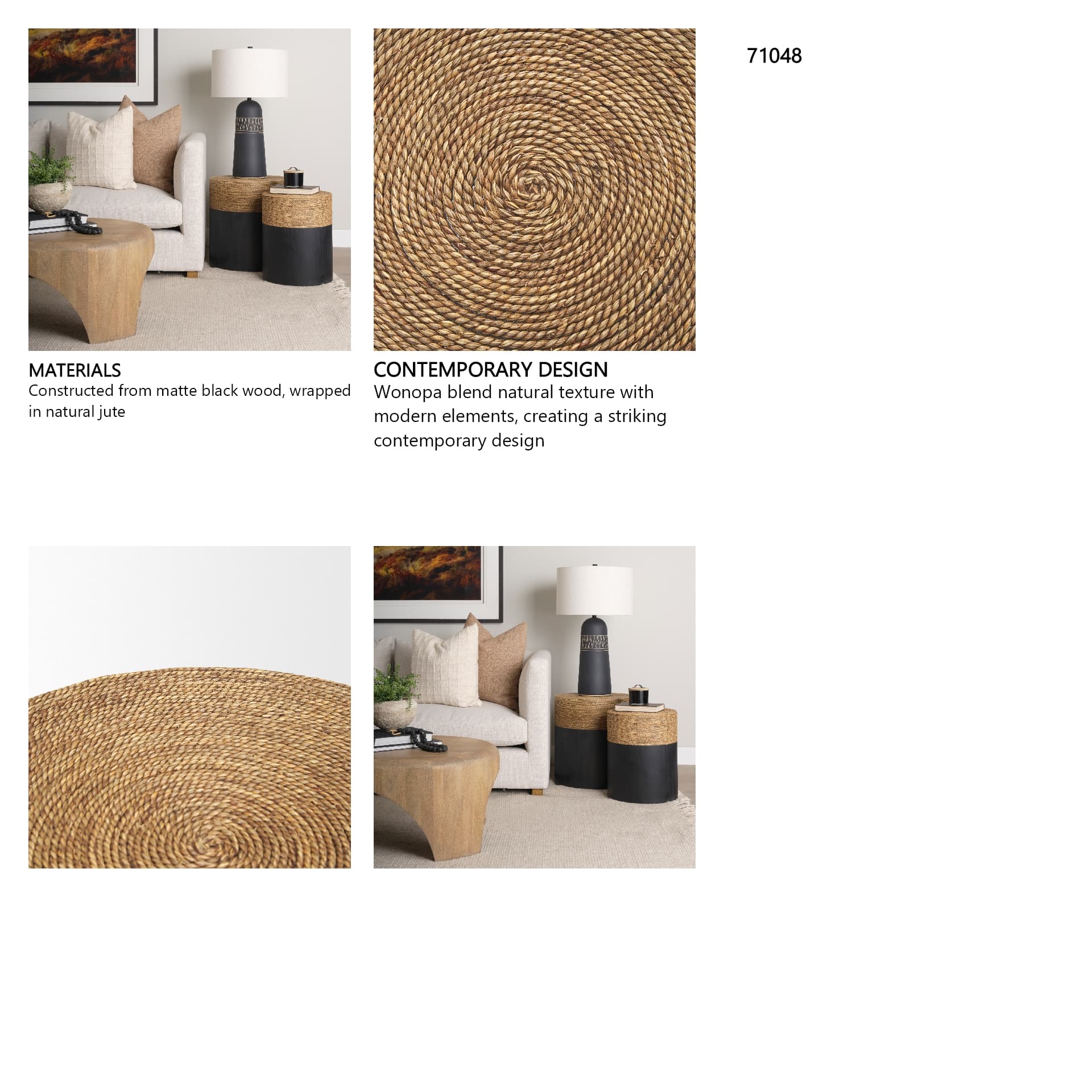 Wenopa Matte Black Wood w/ Natural Jute Accent Tables — in a styled room