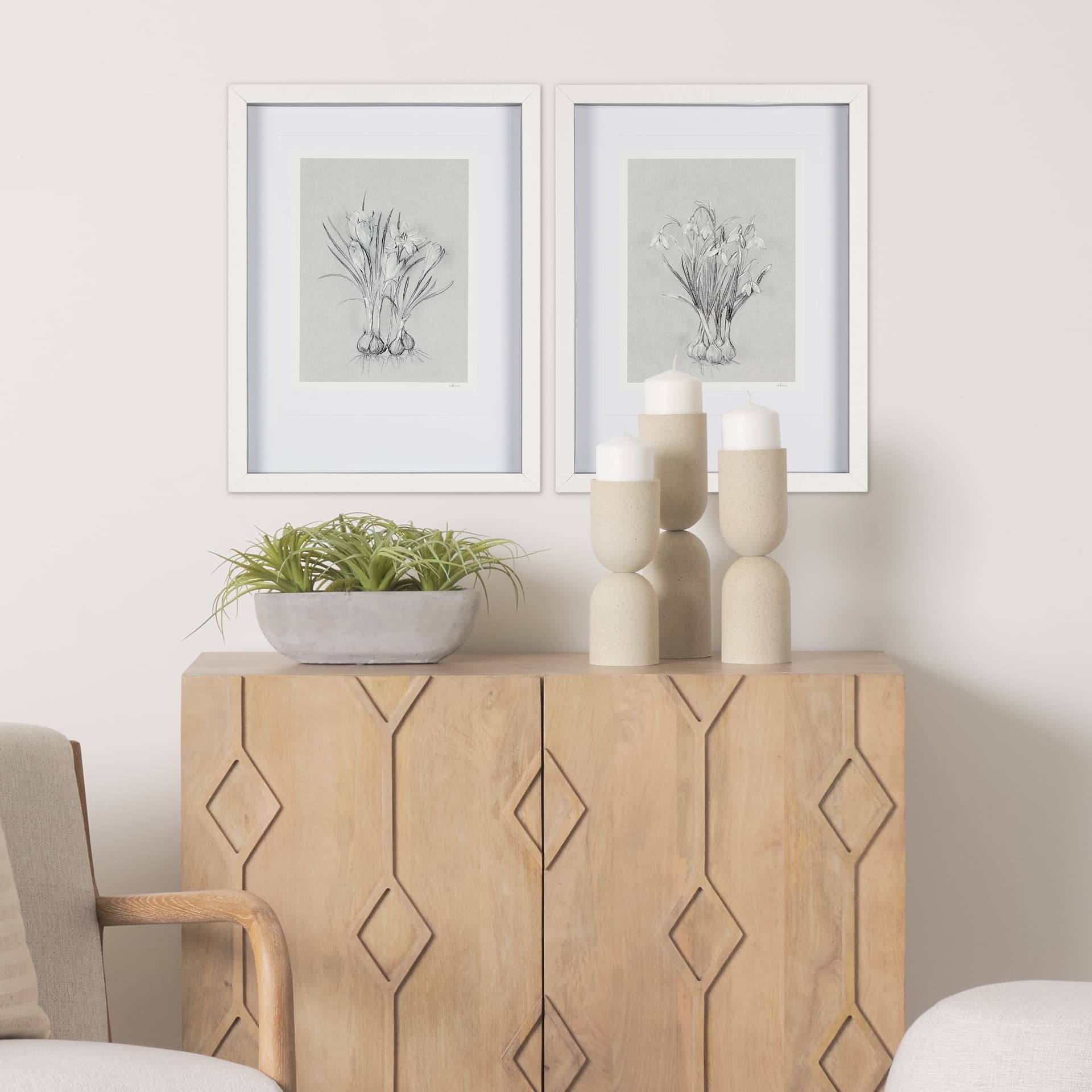 Botanical sketches V (Grey) by Mercana Studio Hand Embellished Framed Art Print Matted under Glass — in a styled room