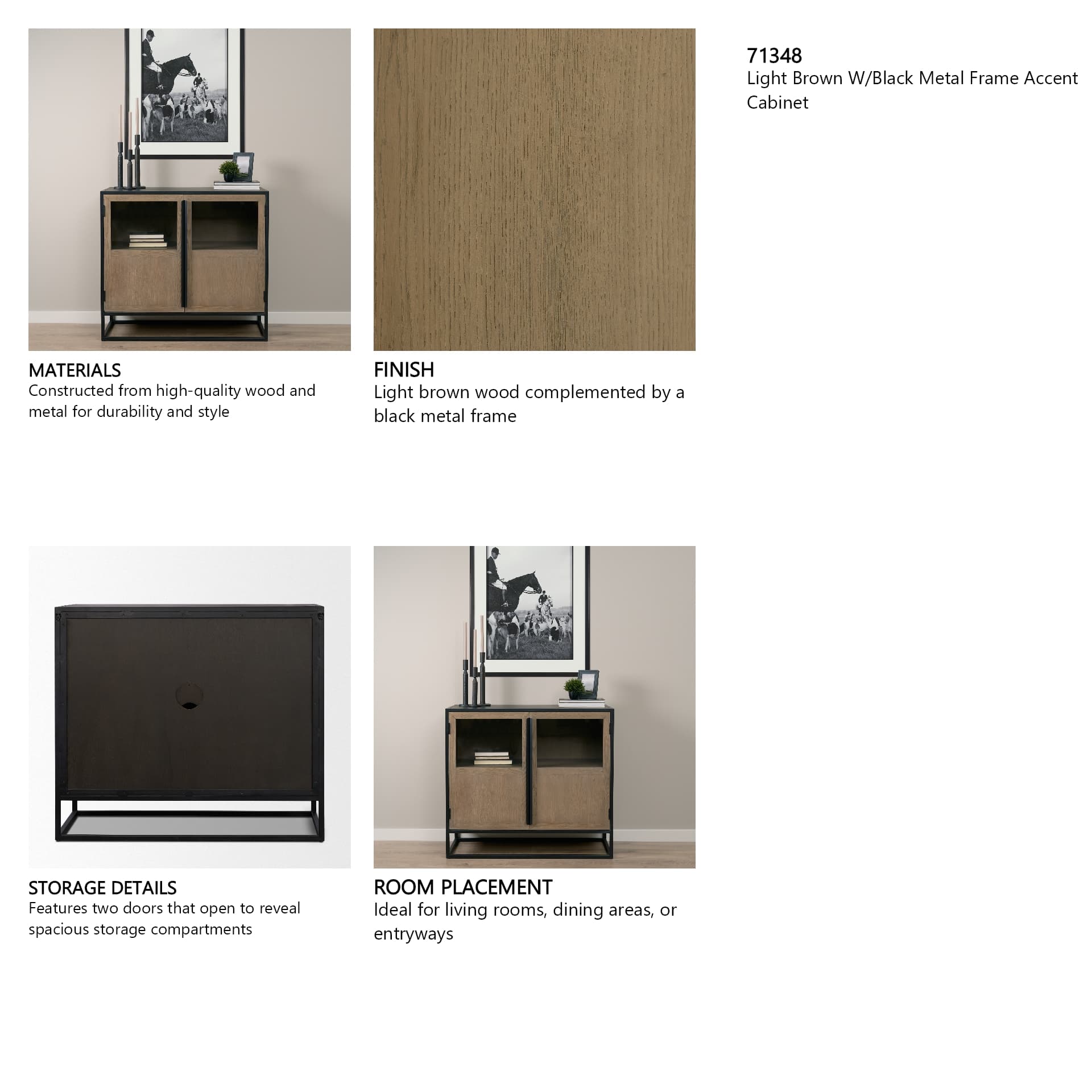 Sloan 40.0W Light Brown W/Black Metal Frame Accent Cabinet — in a styled room