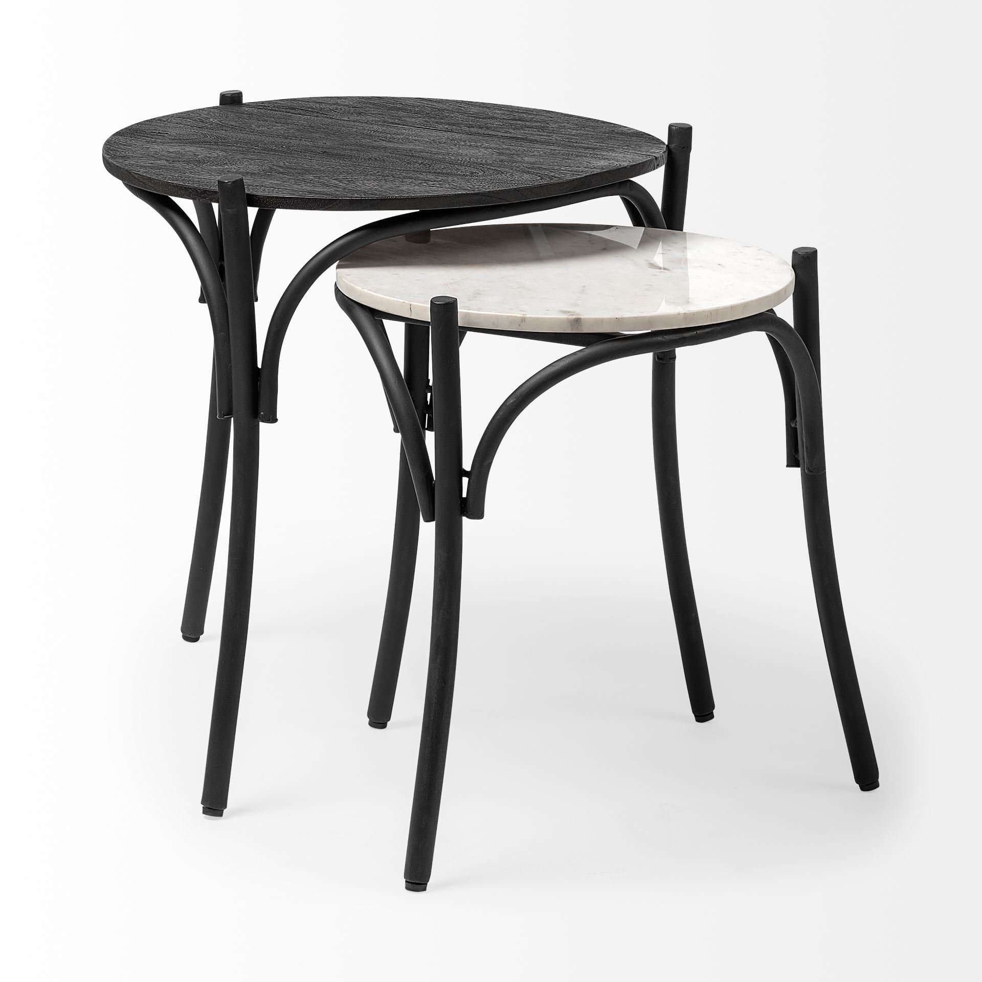 Etienne VII 24" Set of Two Round Top Black Wood and Marble Top Nesting Table — product photograph