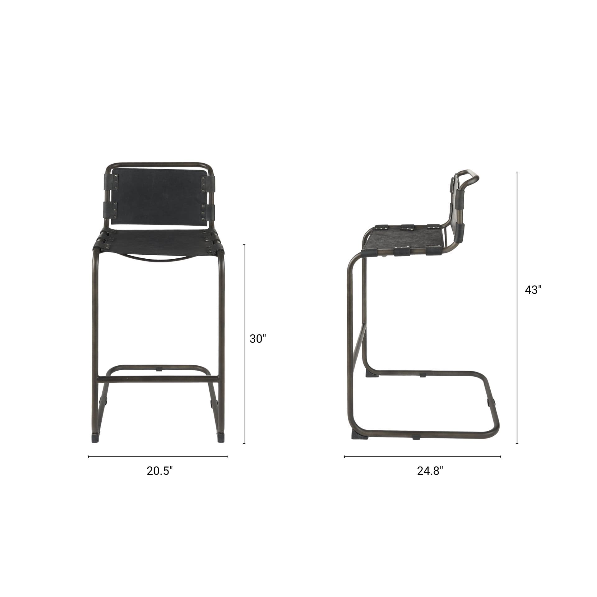 Berbick Low Back 26in Seat Counter Stool | Black Leather w/ Gray Metal — product photograph