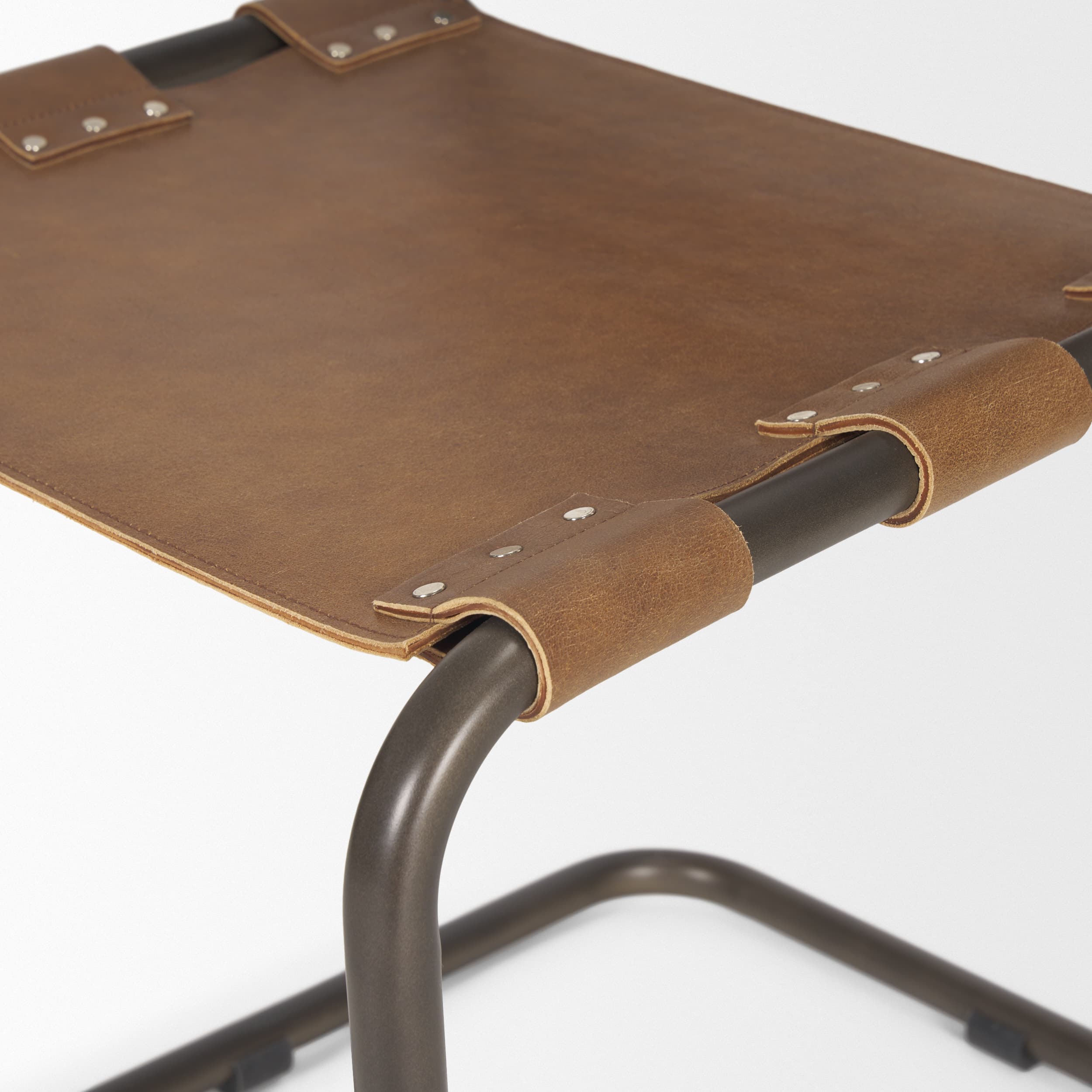 Berbick Open Back Dining Side Chair | Medium Brown Leather w/ Iron — product photograph