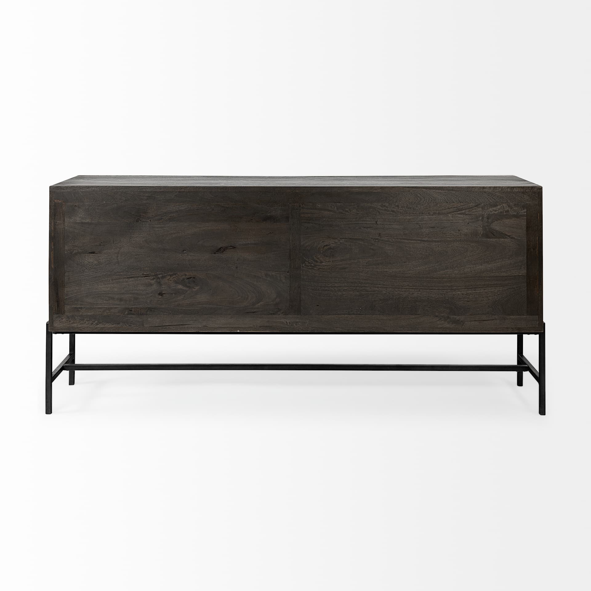 Arelius 70L x 18.75W x 32H Black-Brown Wood, Black Metal Base w/ 4 Glass Cabinet Doors Sideboard — product photograph