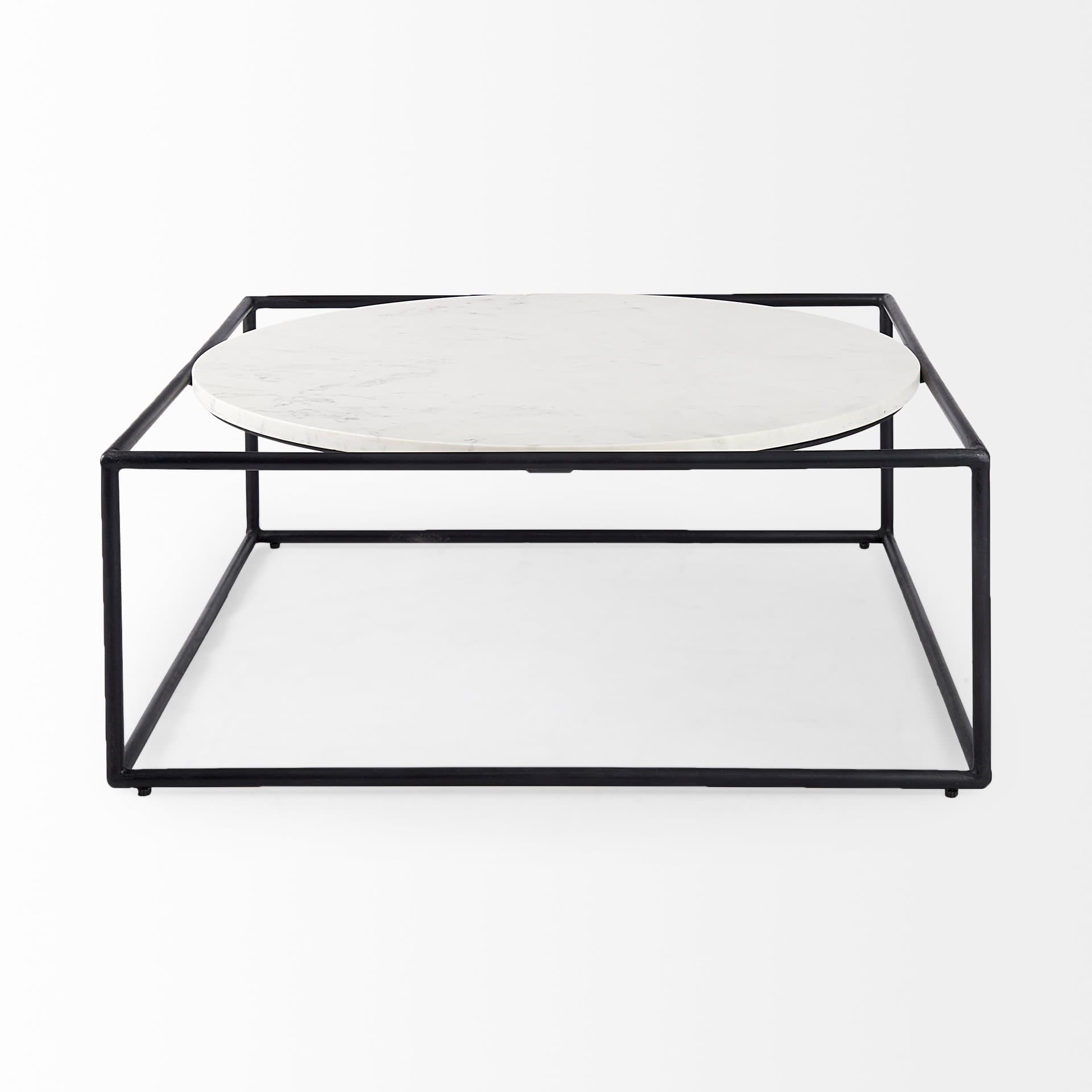 Austen 36L x 36W x 14.5H Round White Marble Top W/ Black Metal Frame Coffee Table — product photograph