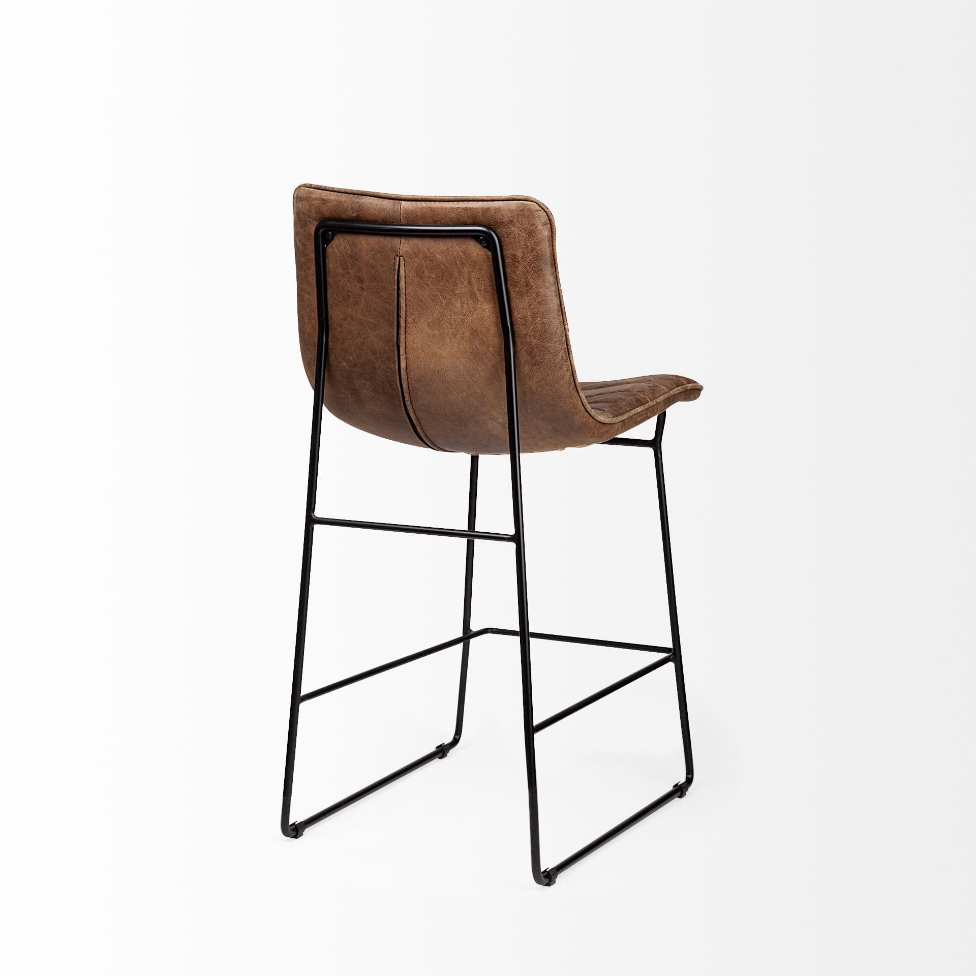 Meritt Low Back 37.8in Seat Counter Stool | Brown Leather w/ Metal — product photograph