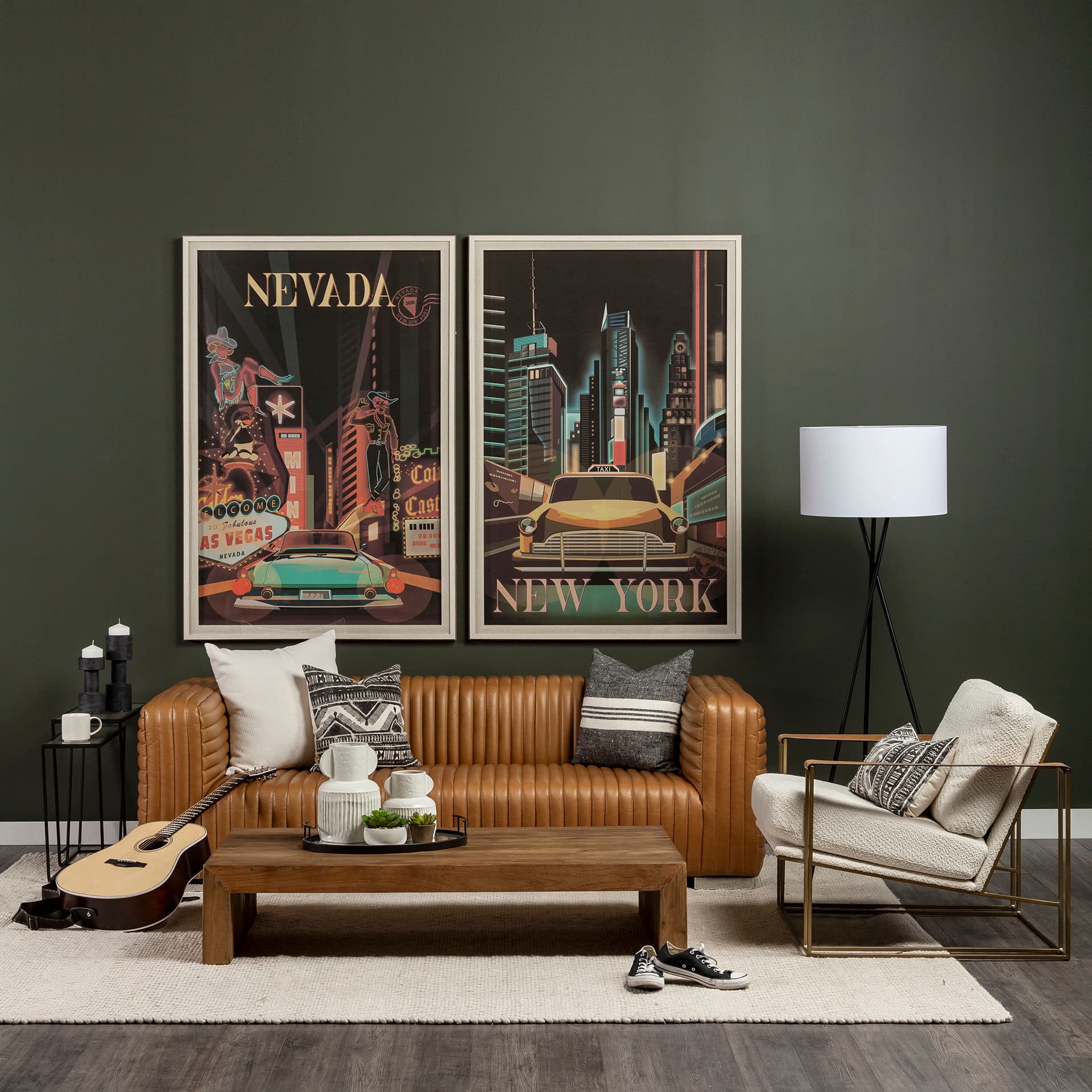 Ricciardo 82.5W Cognac Leather Three Seater Sofa — in a styled room