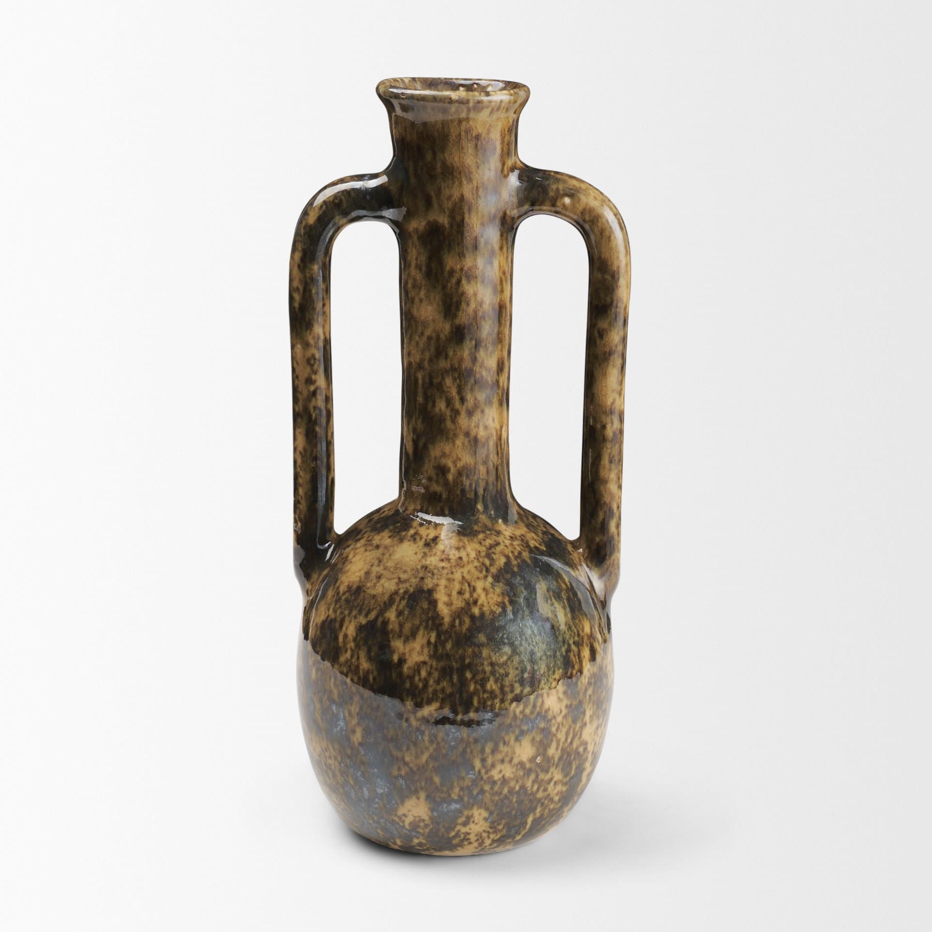 Aven Mottled Brown Glazed Ceramic Tall Neck Decorative Vase w/ Handles — product photograph