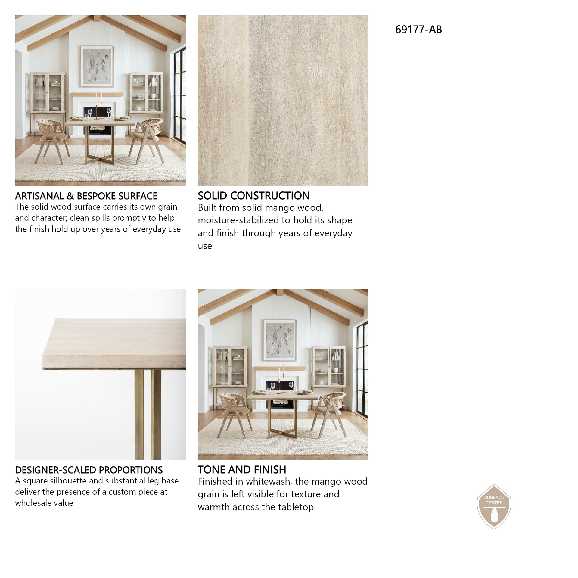 Faye 48"L x 48"W Square Dining Table | Modern | Beige Wood & Antique Gold Metal | Seats 4 — product photograph