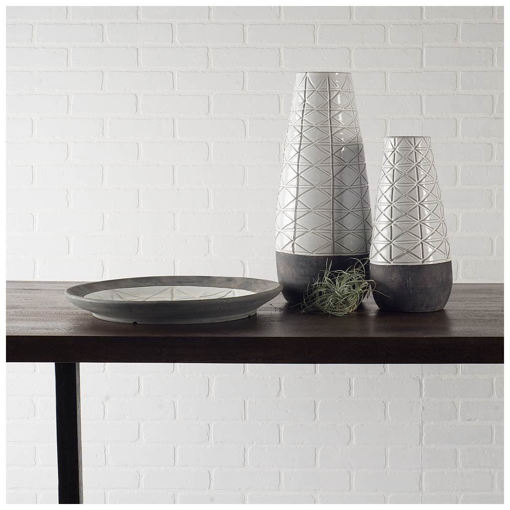 Harrier II Large Gray Ceramic Dark Base White Vase — in a styled room