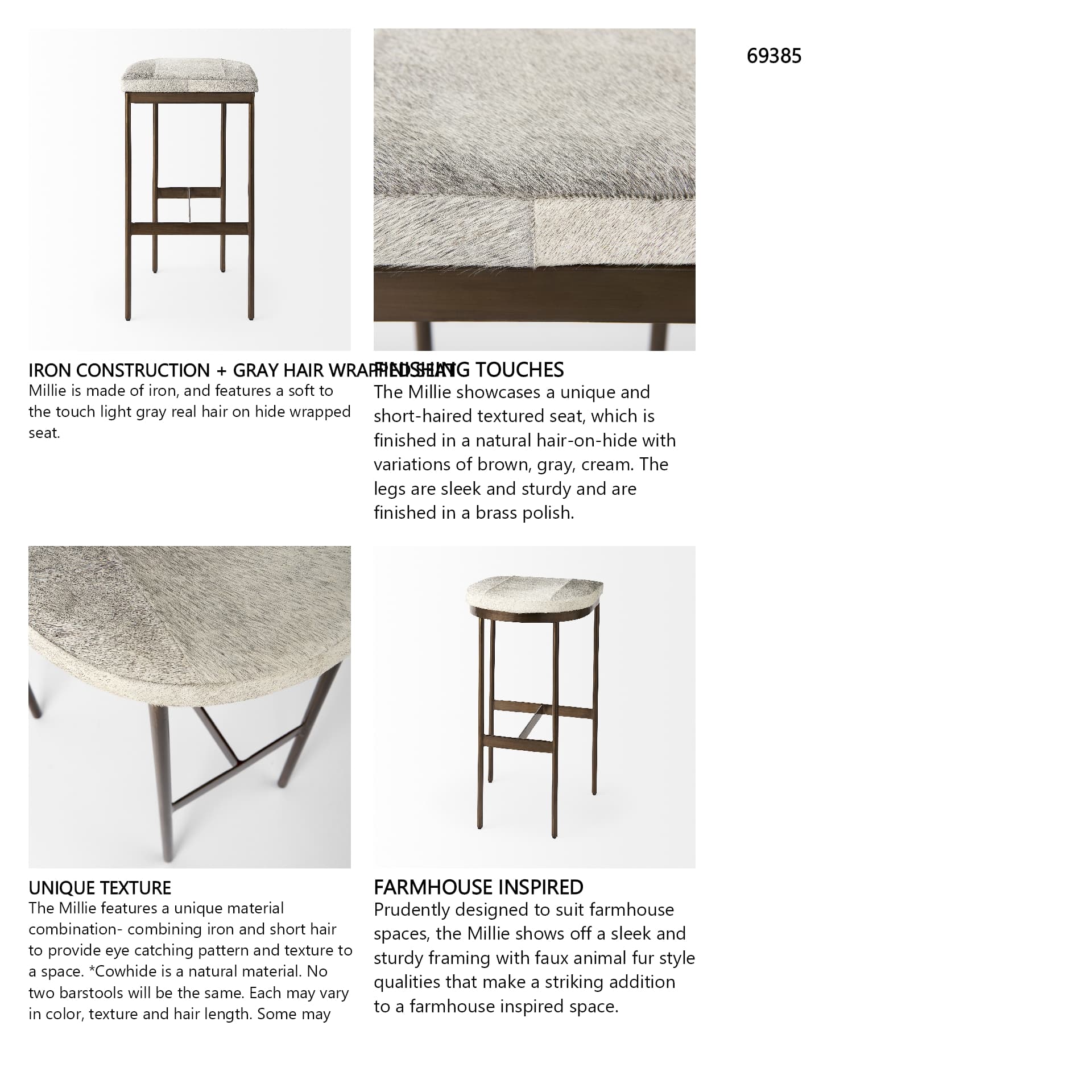Millie Backless 30in Seat Bar Stool | Gray Hair-On-Hide w/ Gold Metal — product photograph
