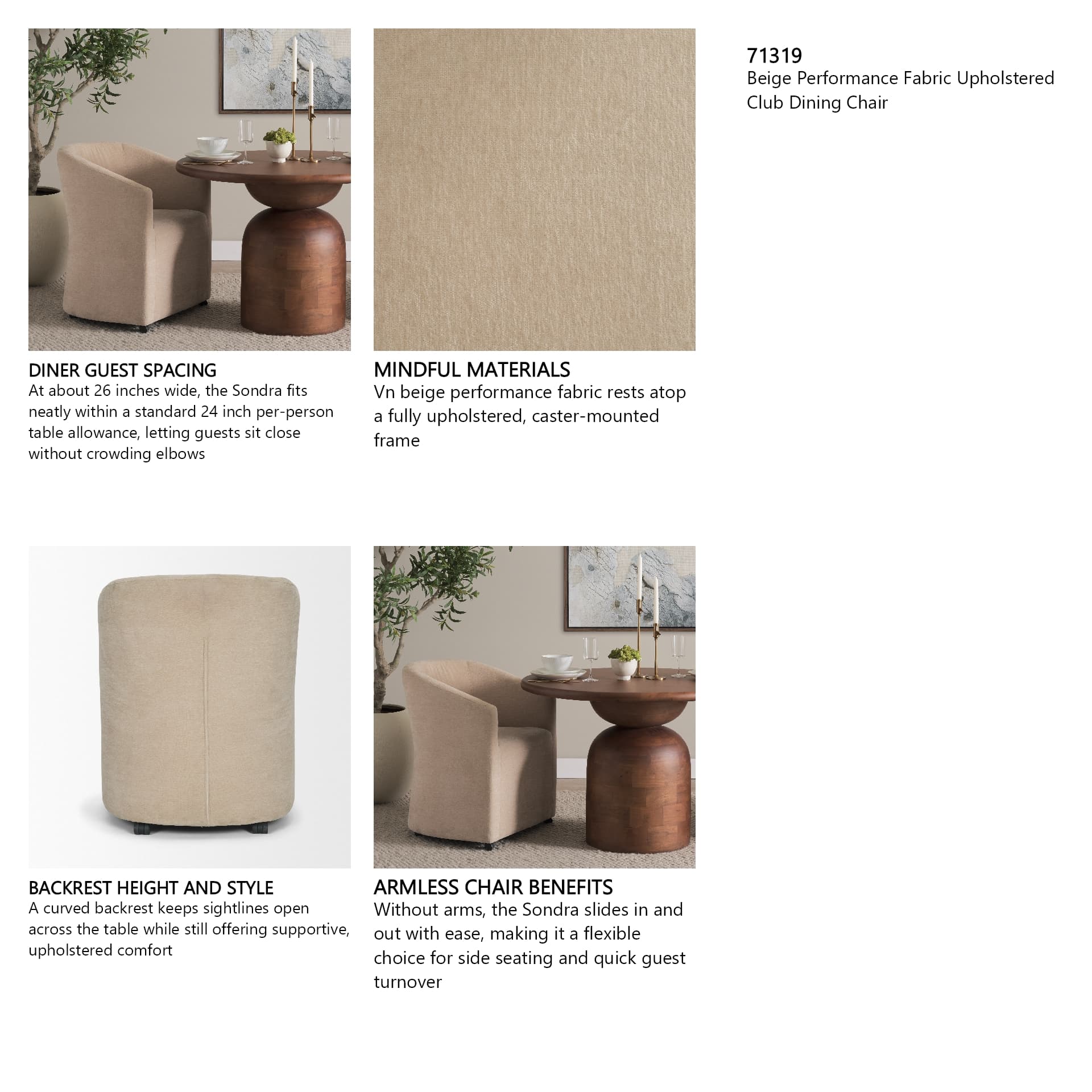 Sondra Barrel Back Dining Arm Chair | Beige Fabric w/ Wood — in a styled room
