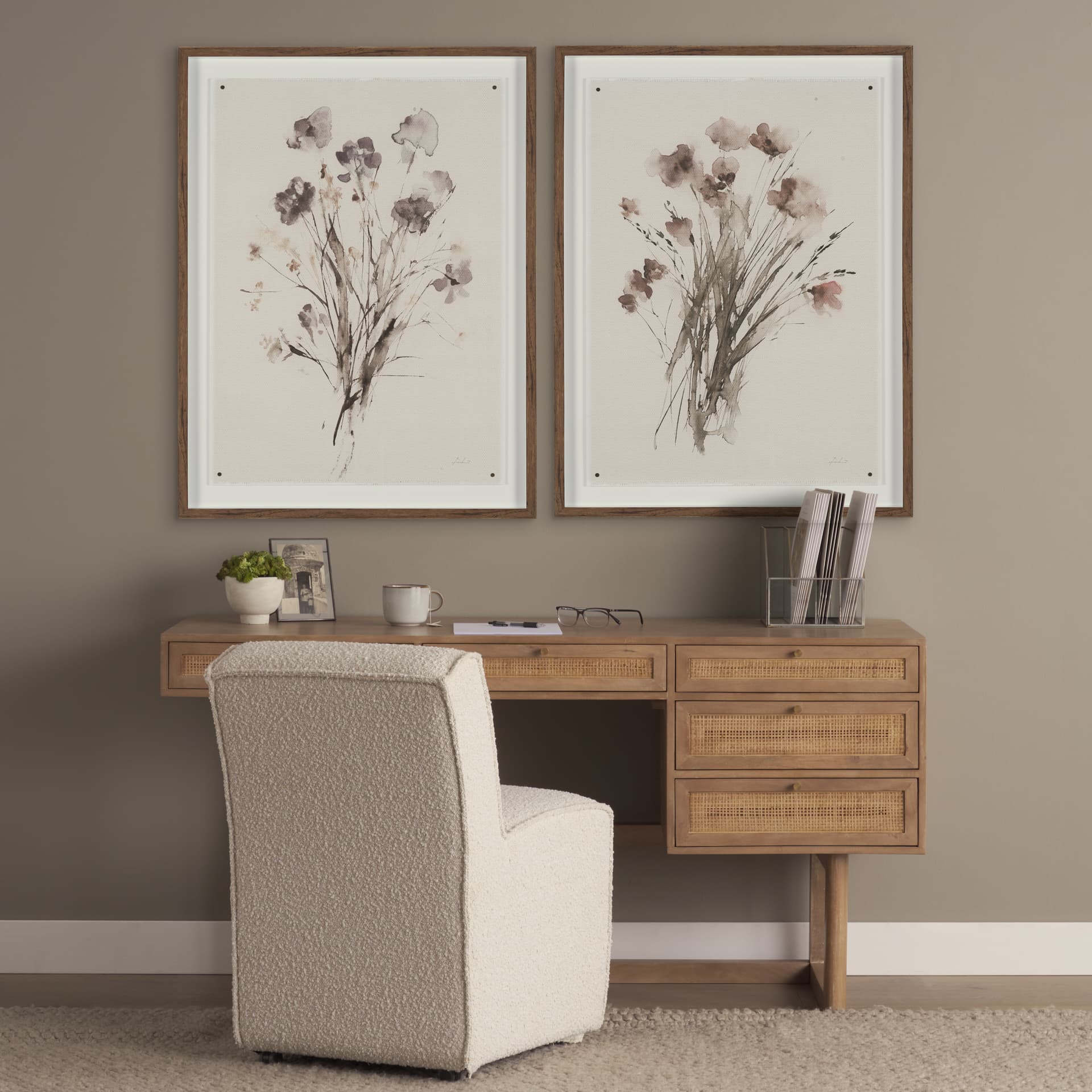 Grier 60" Light Brown Solid Wood W/Cane Office Desk — in a styled room