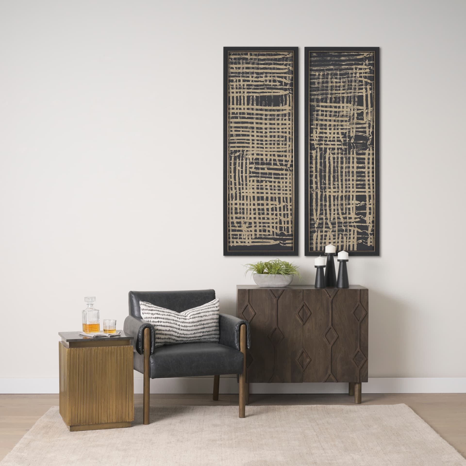 Woven Lines II Tan by Mercana Studio a Hand Embellished Textured Framed Art Print — in a styled room
