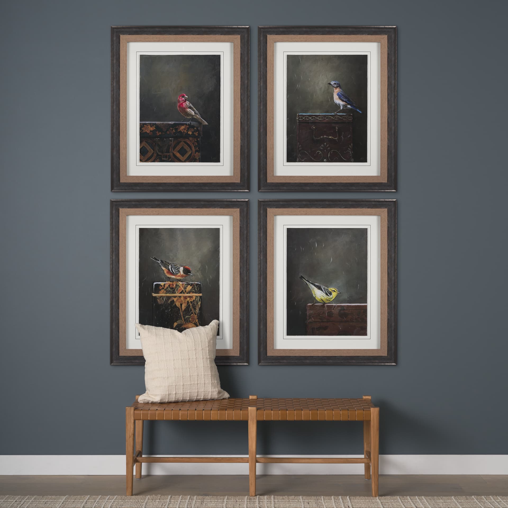 Graceful Poise I (House Finch) by Mercana Studio a Hand Embellished Framed Art Print Matted under Gl — in a styled room
