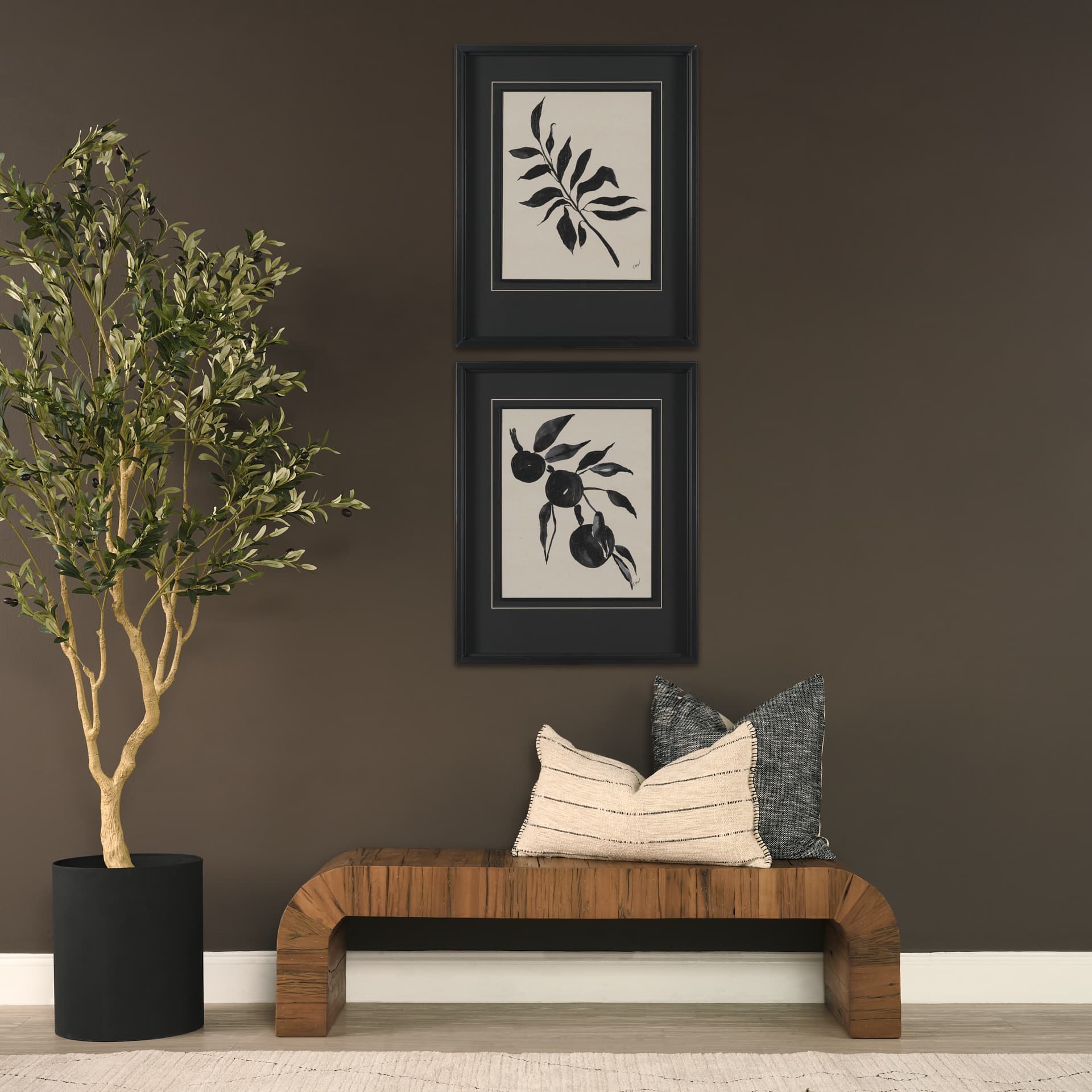 Laurel Branch by Cristina Bartl Villa Hand-Embellished Textured Framed Artwork Matted under Glass — in a styled room