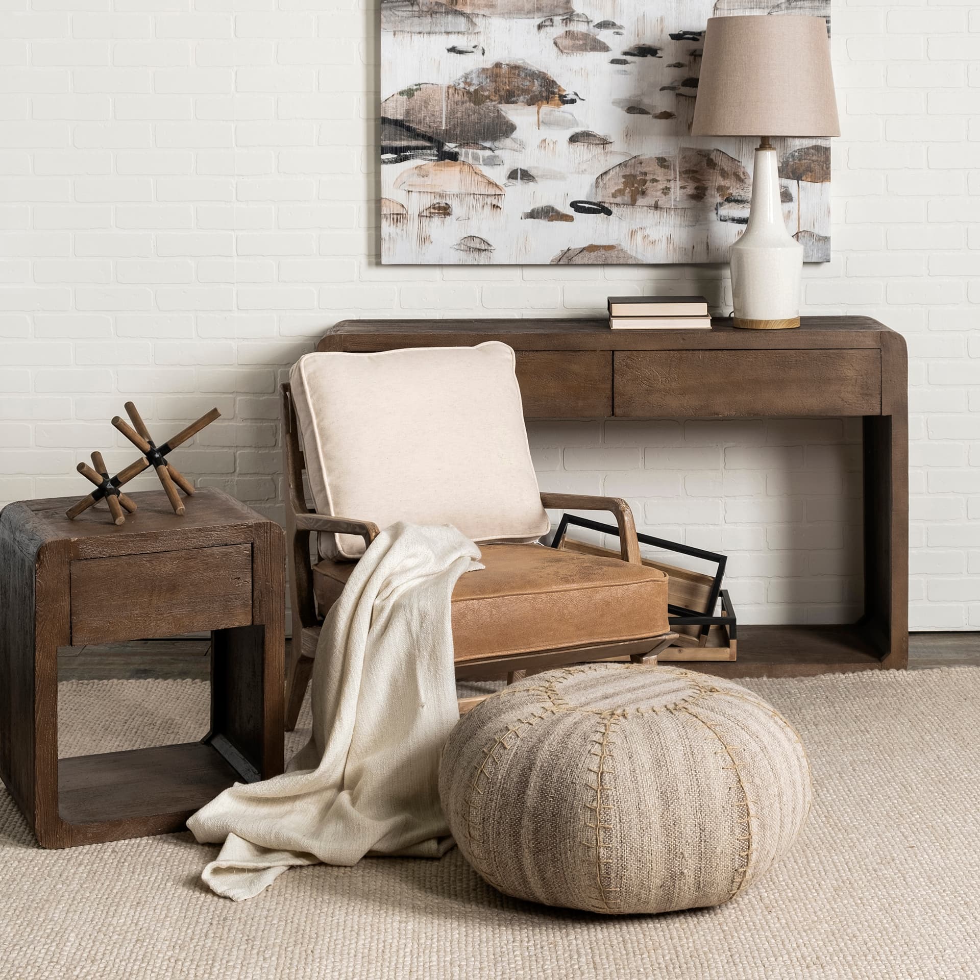 Harman II Cream Fabric and Brown Leather Seat Accent Chair — product photograph