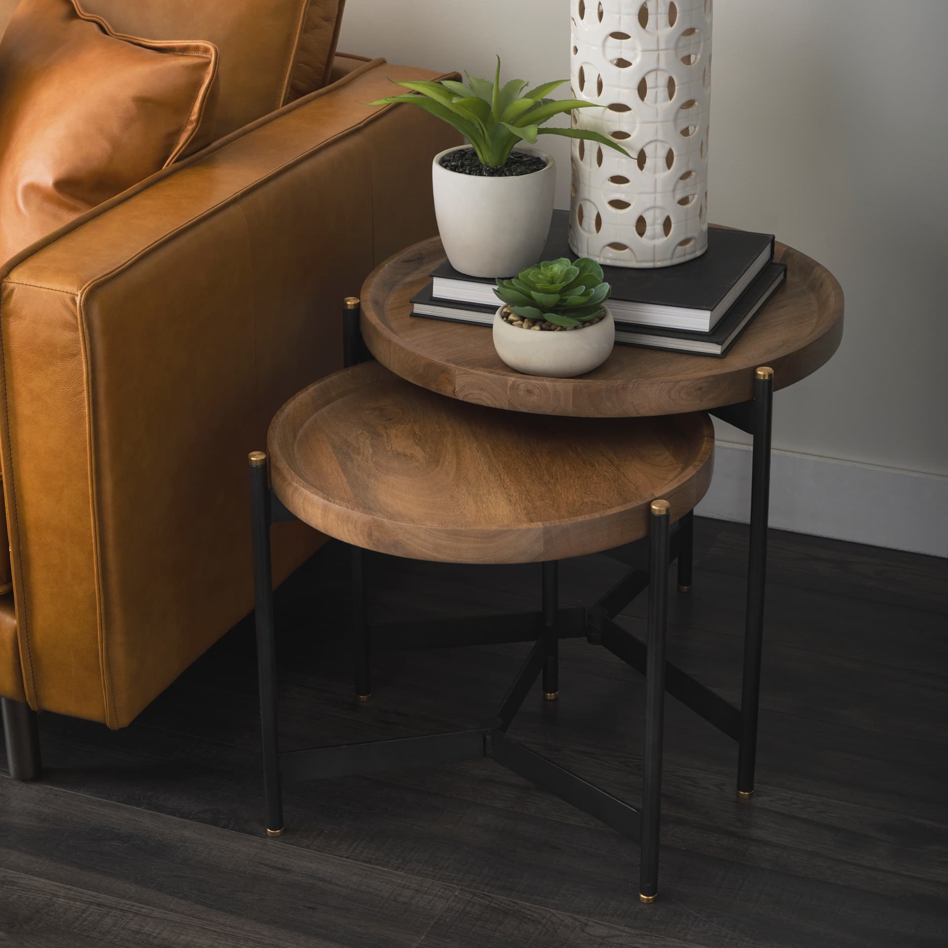 Marquisa (Set of 2) 22.5L x 22.5W x 20.8H Light Brown Wood W/ Black Metal Base Nesting Side Tables — product photograph