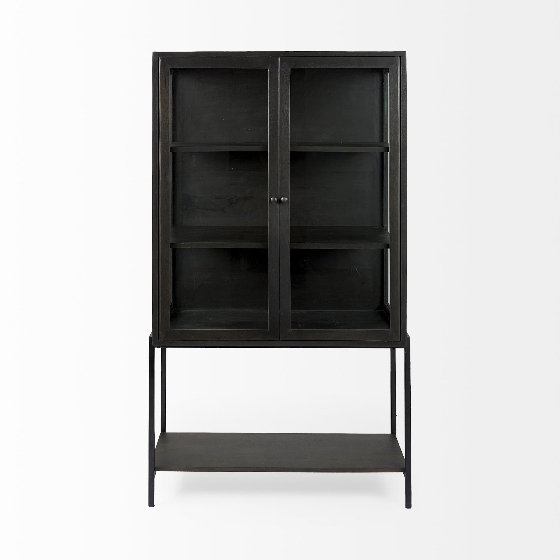 Arelius 36L x 18.75W x 63H Black-Brown Wood W/ Black Metal Base Display Cabinet — product photograph